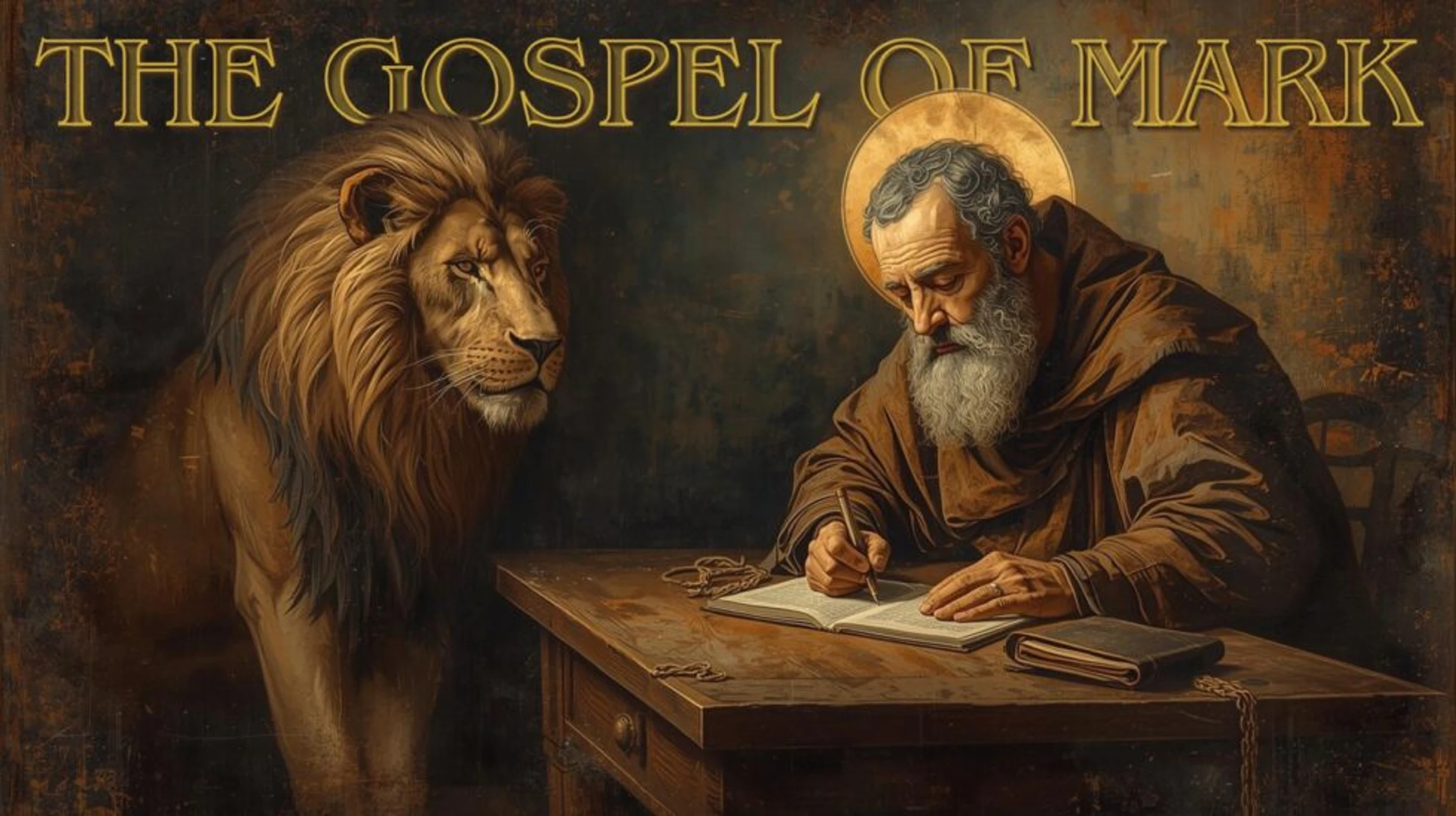 Saint Mark, with a halo, writing his gospel at a desk while a majestic lion stands beside him. The title 'The Gospel of Mark' appears above them.