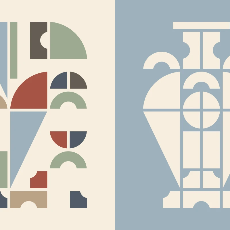 A two-panel graphic. On the left, scattered geometric shapes in muted colors. On the right, the same shapes are assembled into a stylized cream vase.