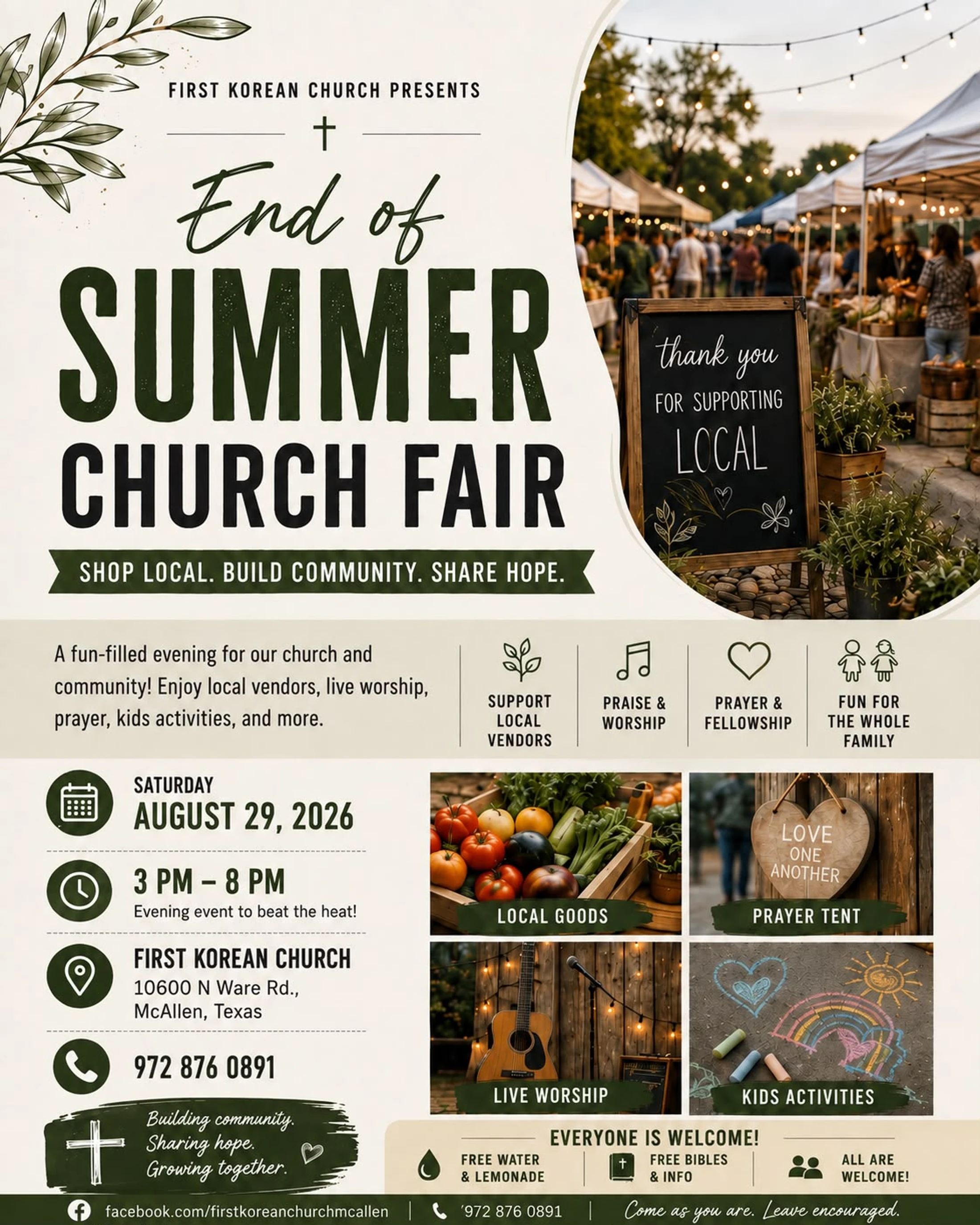 A promotional flyer for an End of Summer Church Fair with event details like date, time, and location, and images of a local market, food, and activities.