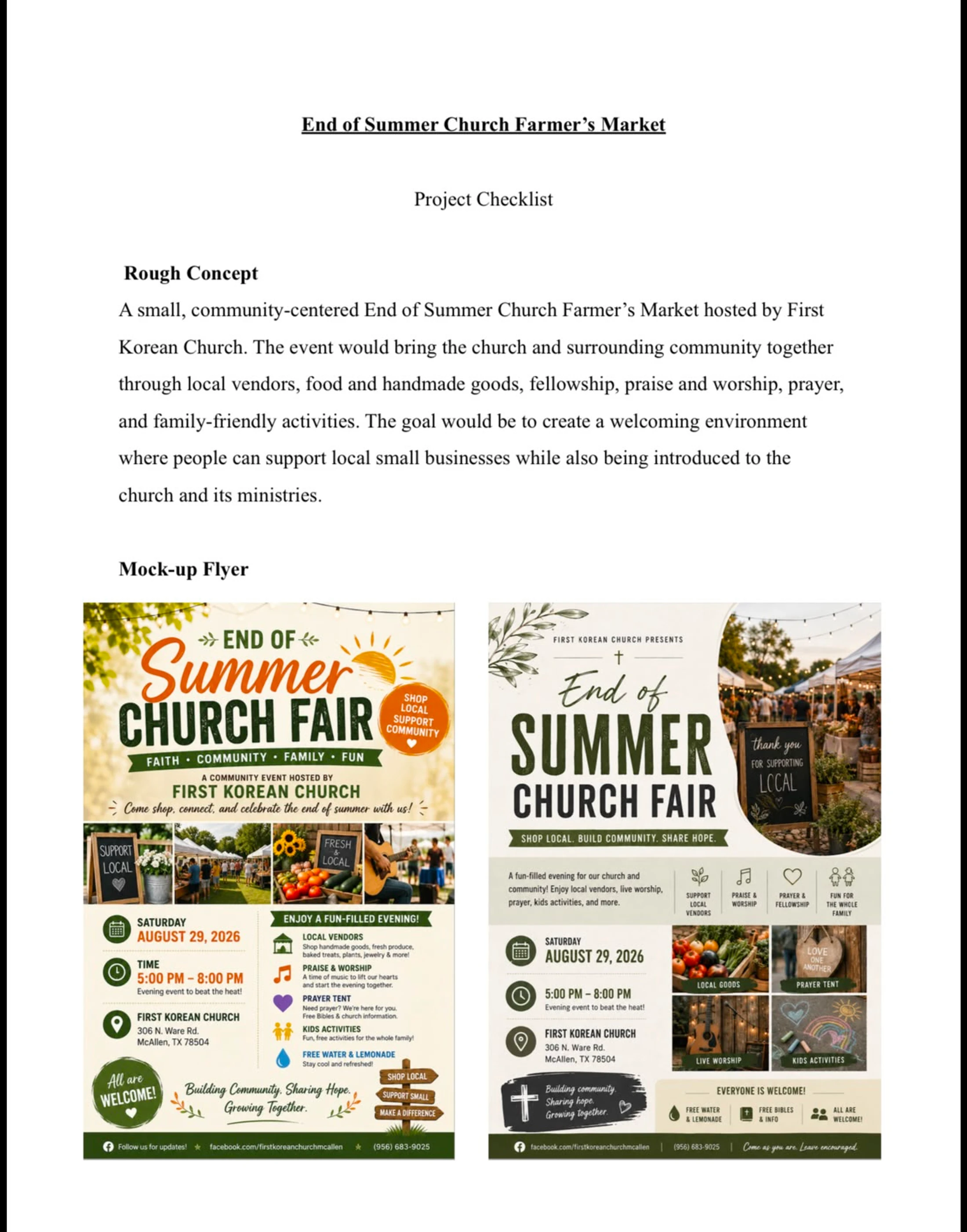 A document showing the project concept and two different flyer mock-ups for an 'End of Summer Church Fair' community event.