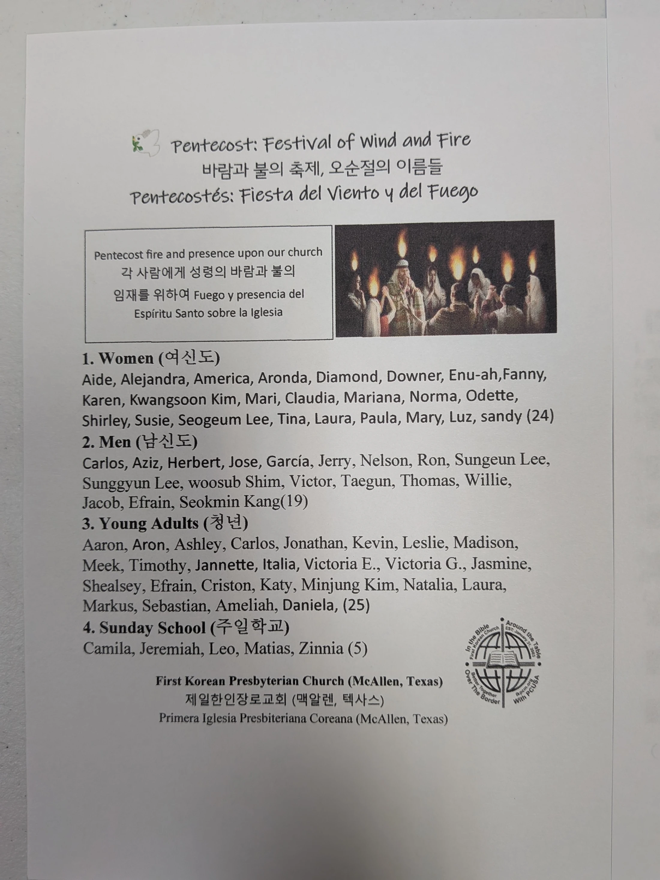 A church program for Pentecost from the First Korean Presbyterian Church, written in English, Korean, and Spanish, listing names of members.