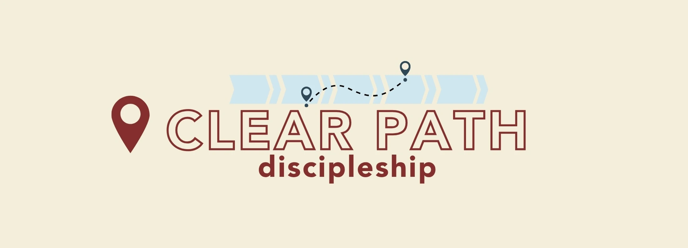A logo for Clear Path Discipleship with a map pin icon next to the text. Above the words is a light blue path with a dotted line connecting two points.