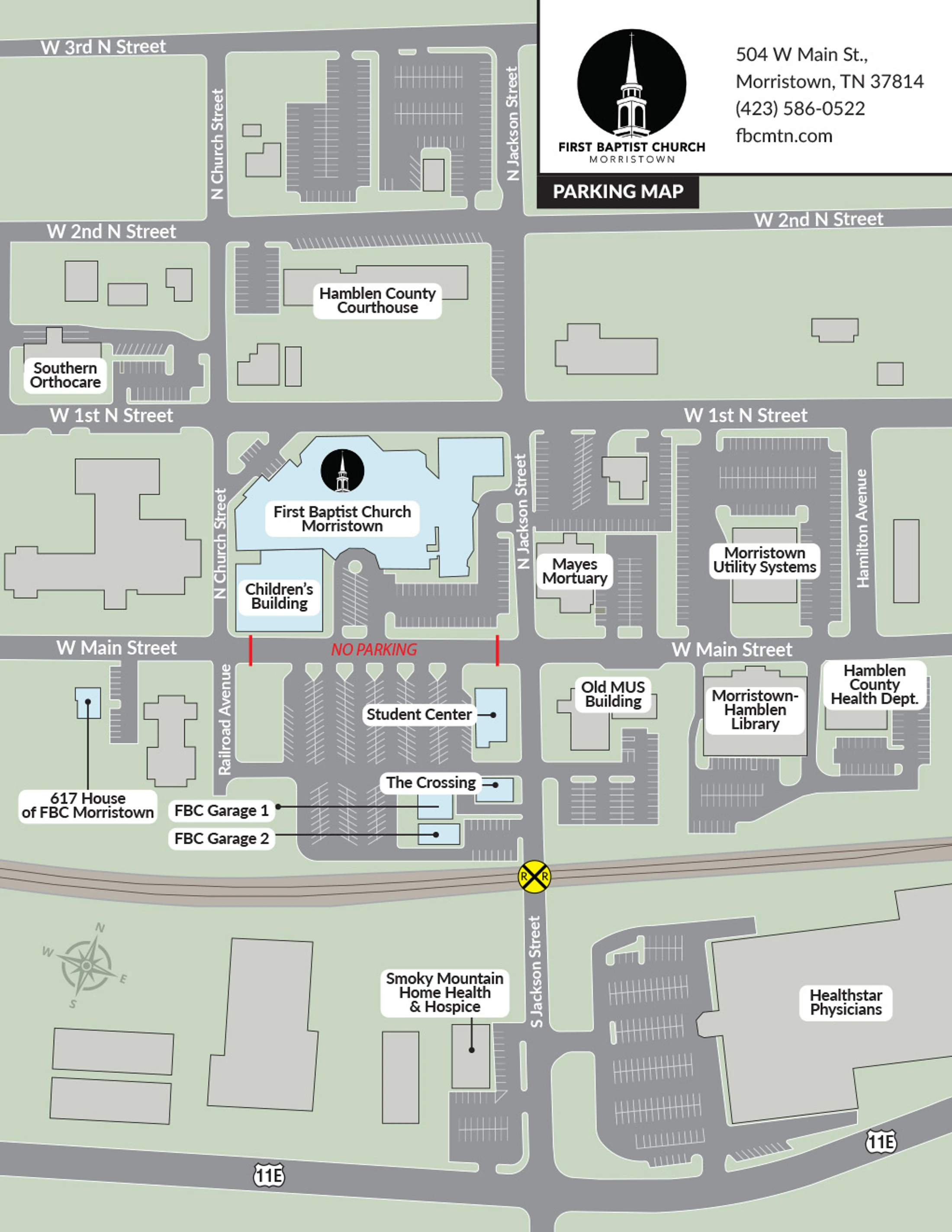 A map showing the location of First Baptist Church in Morristown, TN. It highlights the church campus, surrounding streets, and designated parking areas.