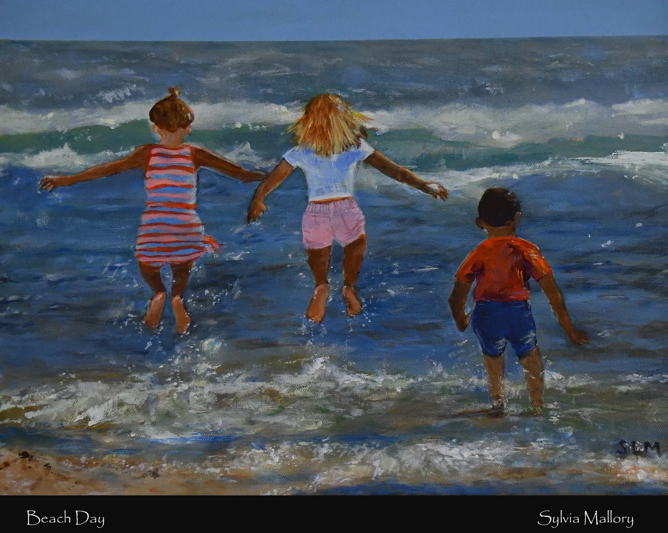 An oil painting showing three children from behind at the beach. Two girls hold hands and jump into the waves, while a younger boy wades in the surf.