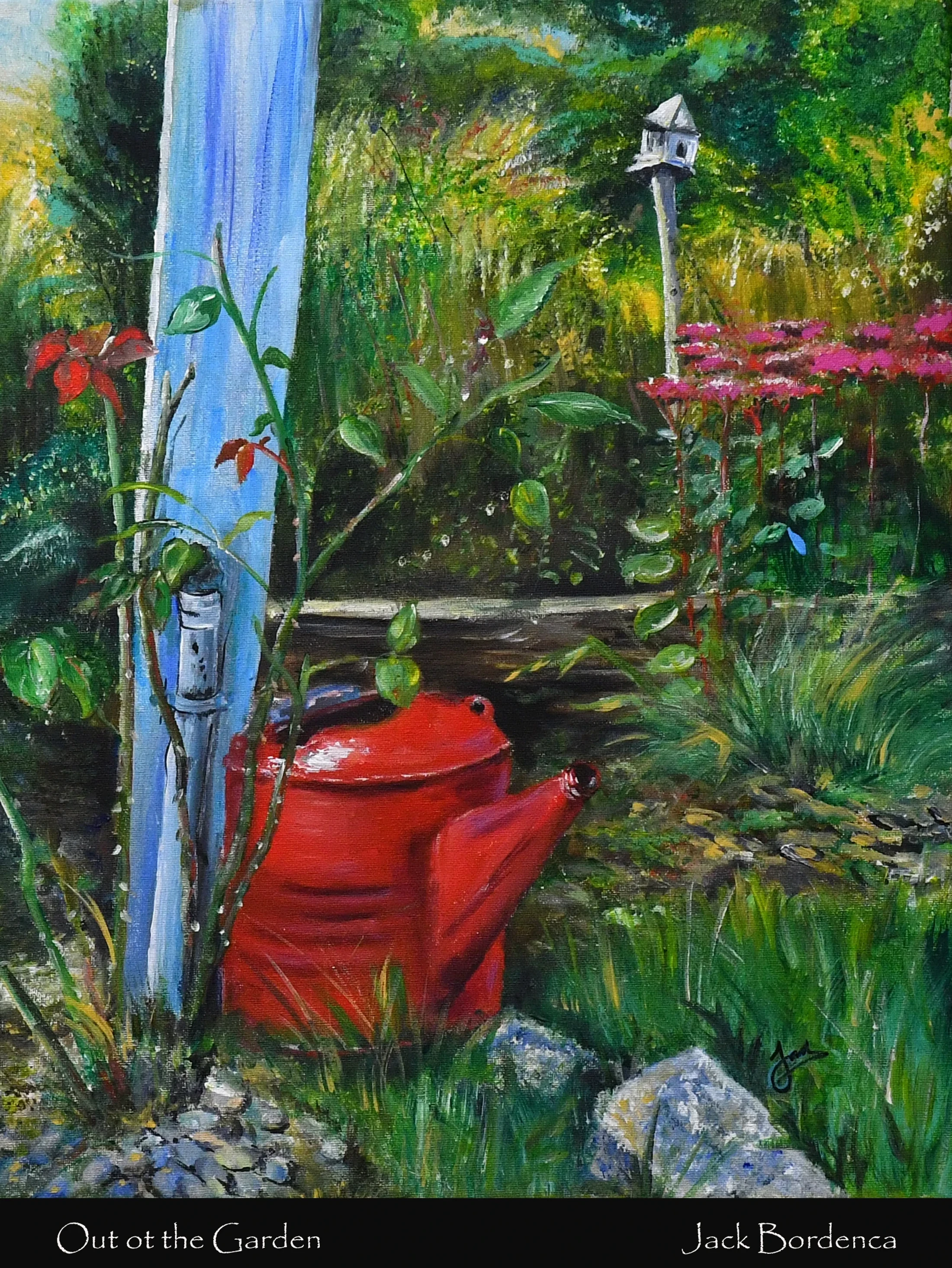 A colorful painting of a lush garden scene featuring a bright red watering can, a blue post, green foliage, pink flowers, and a birdhouse in the background.