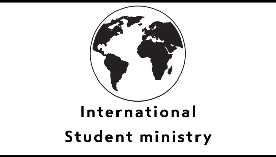 A black and white logo with a circular globe icon above the text 'International Student ministry' on a white background.