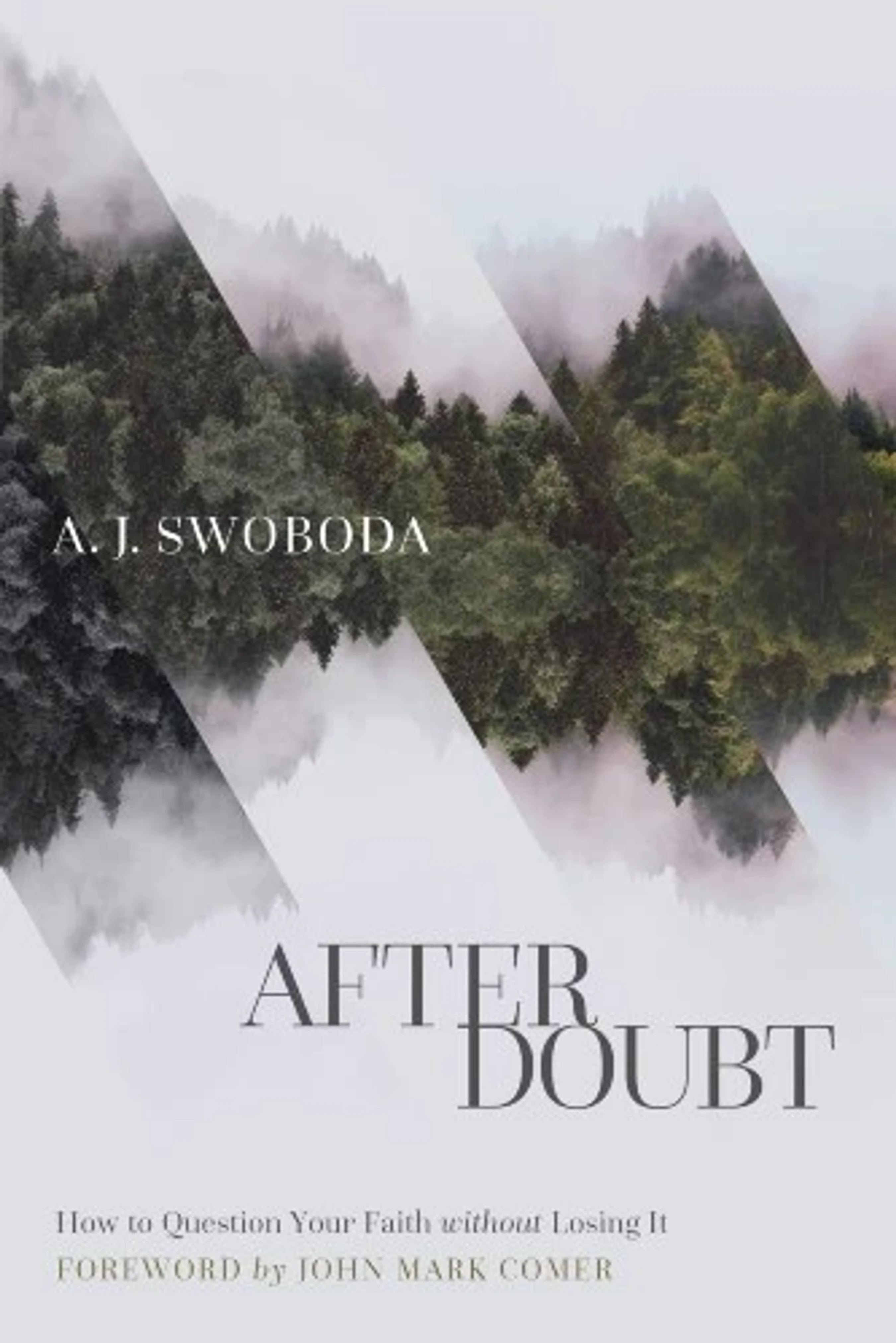 The book cover for "After Doubt" by A.J. Swoboda. The background is a misty forest with geometric overlays cutting through the image.