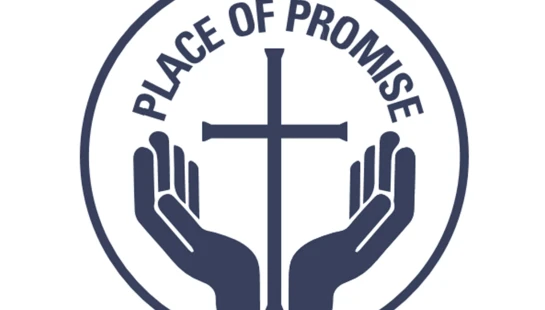 The logo for Place of Promise, featuring two dark blue cupped hands holding a Christian cross inside a circle with the organization's name arched above.