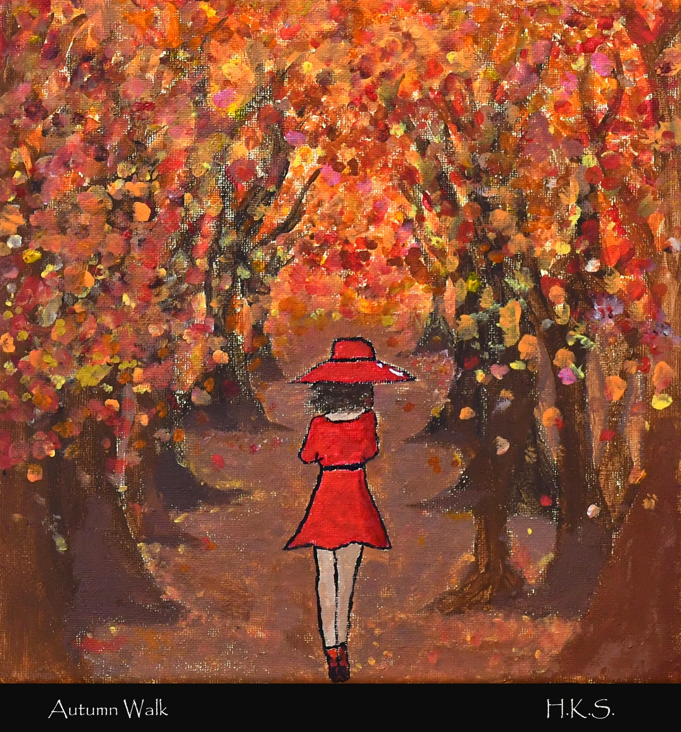 An impressionistic painting of a woman in a red dress and hat walking down a path through a forest filled with vibrant, colorful autumn leaves.