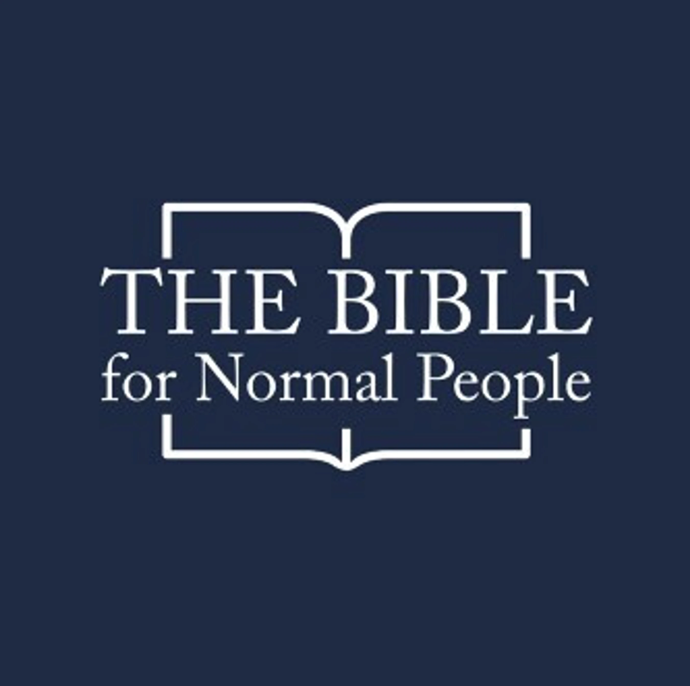 The logo for 'The Bible for Normal People' featuring white text on a dark blue background, framed by the outline of an open book.