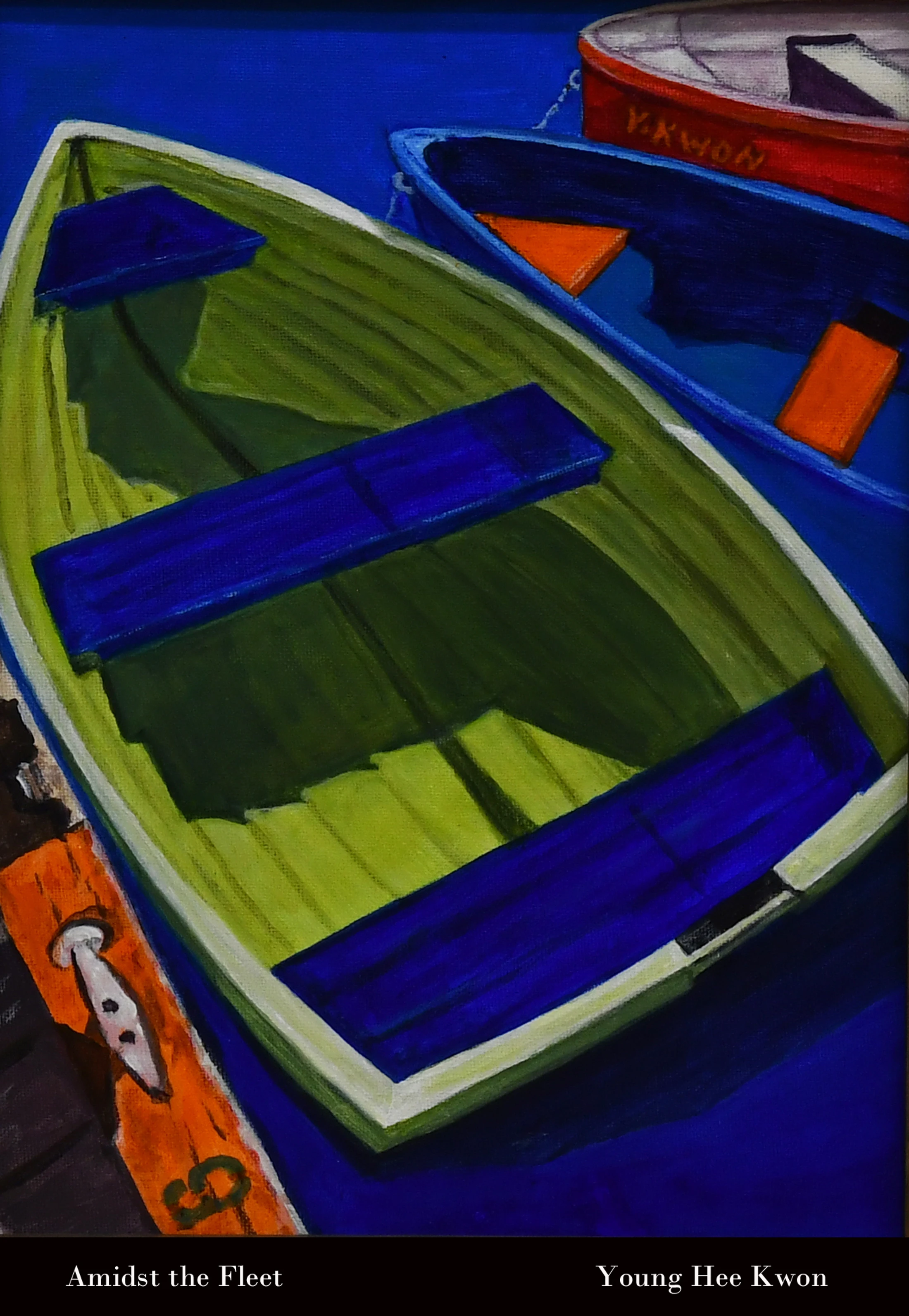 A colorful painting of three small boats from an overhead view. A lime green boat with blue seats is in the foreground on deep blue water.