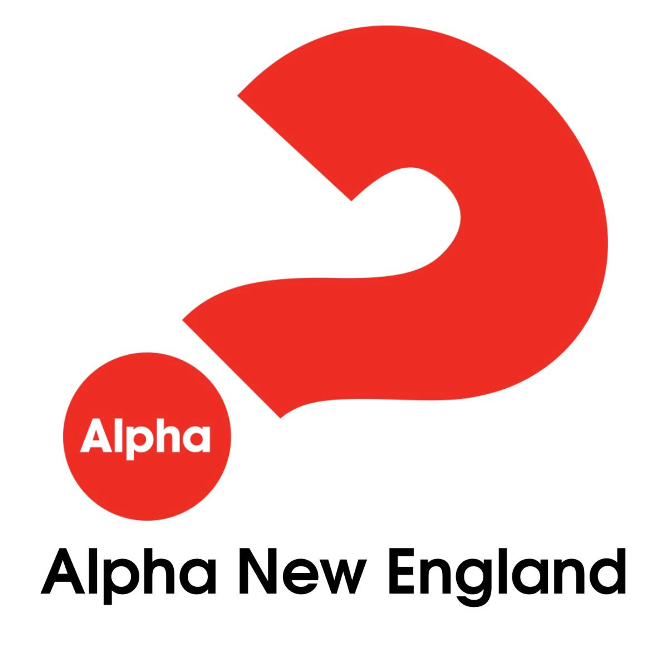 The Alpha New England logo, which features a large red question mark with the word 'Alpha' inside the dot, set against a white background.
