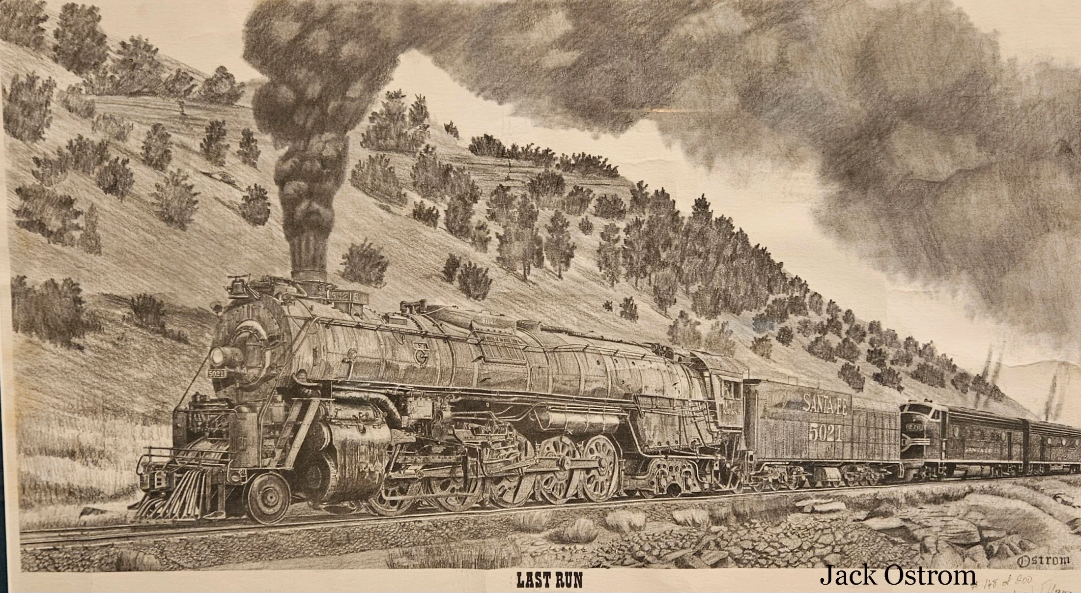 A detailed black and white pencil drawing by Jack Ostrom titled 'Last Run,' featuring a large steam locomotive billowing smoke as it travels along a track.