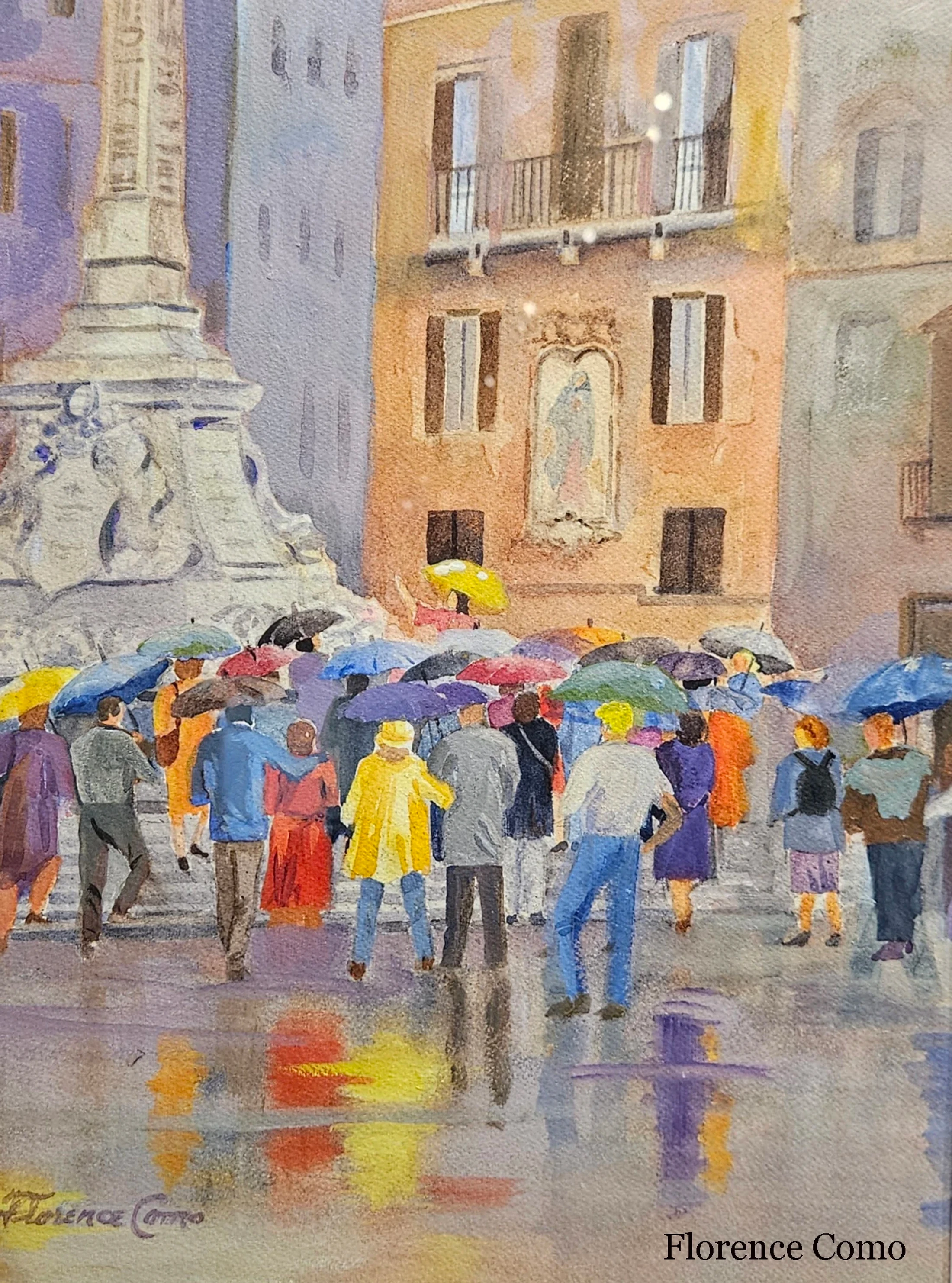 A watercolor painting shows a crowd of people with colorful umbrellas walking on a wet street in a European city square next to a large stone monument.
