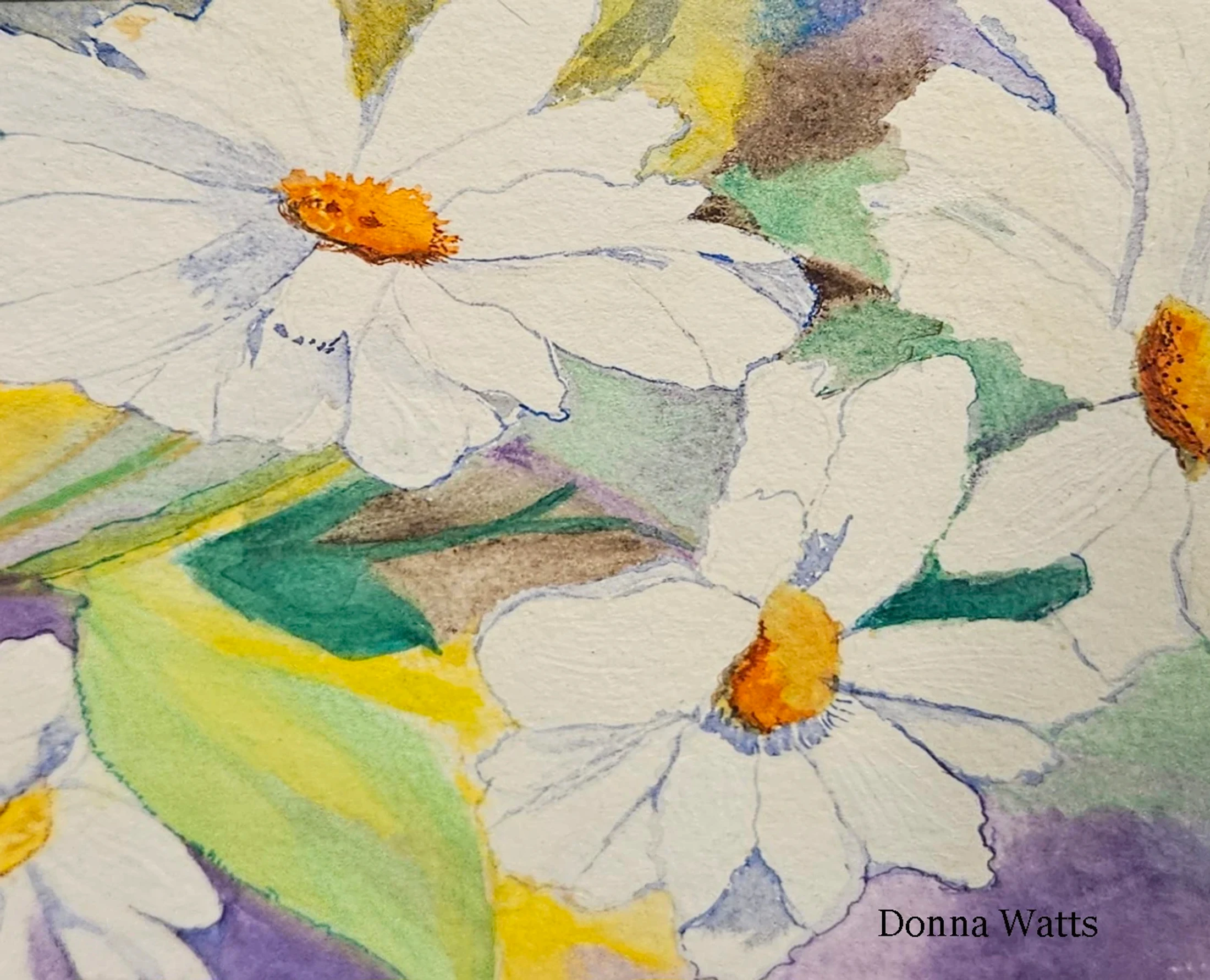 A close-up watercolor painting of several white daisies with orange centers. The background is a colorful wash of green, yellow, purple, and blue.