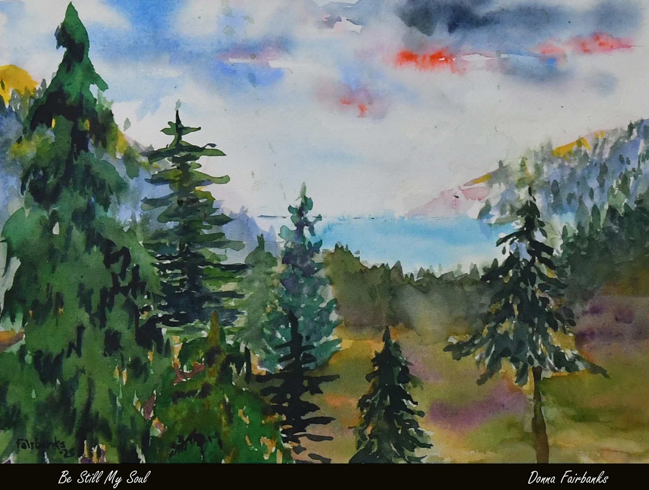 A watercolor painting of a serene mountain landscape. Dark green pine trees frame the view of a bright blue lake and distant, hazy mountains under a cloudy sky.