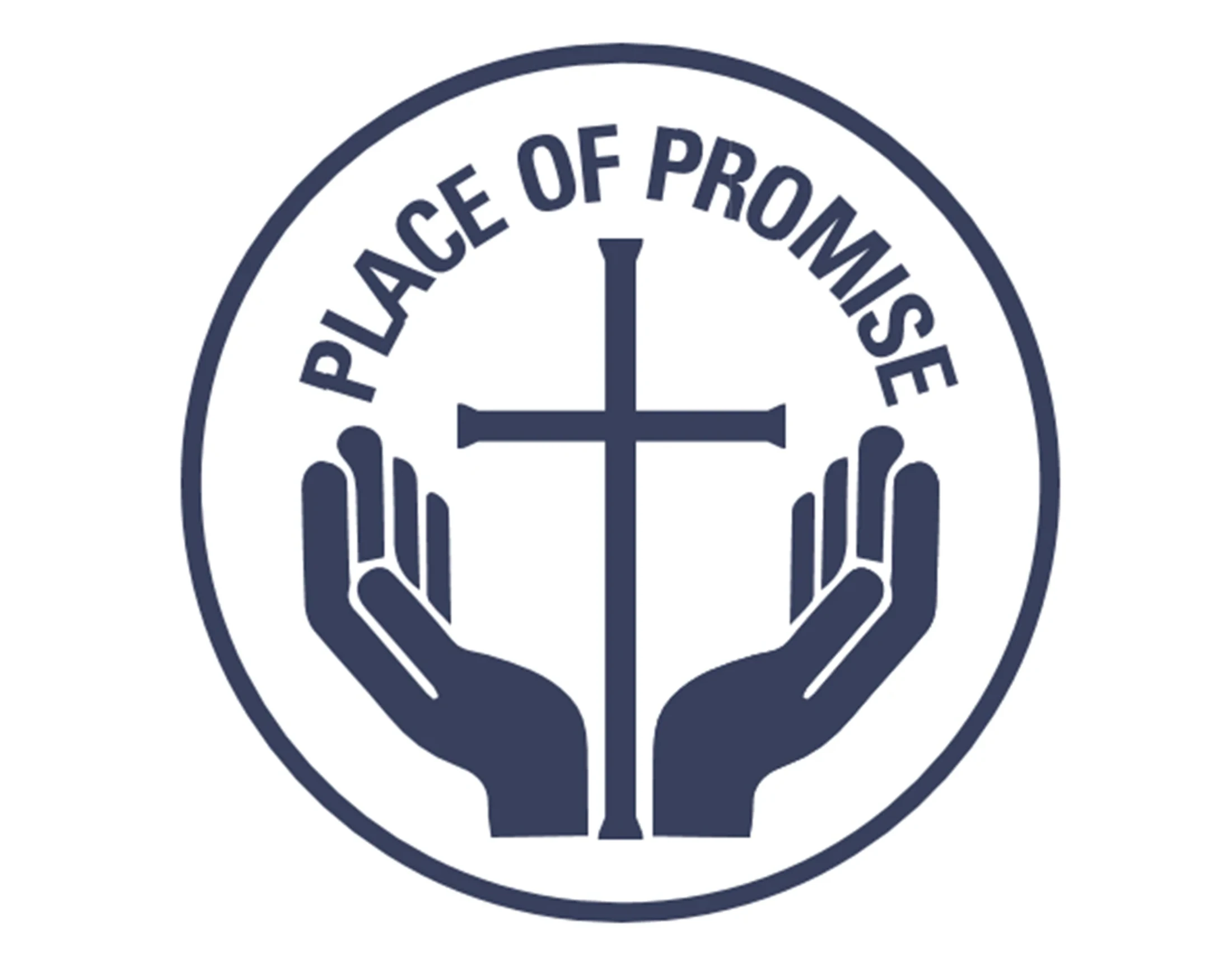 The logo for Place of Promise, featuring two dark blue cupped hands holding a Christian cross inside a circle with the organization's name arched above.