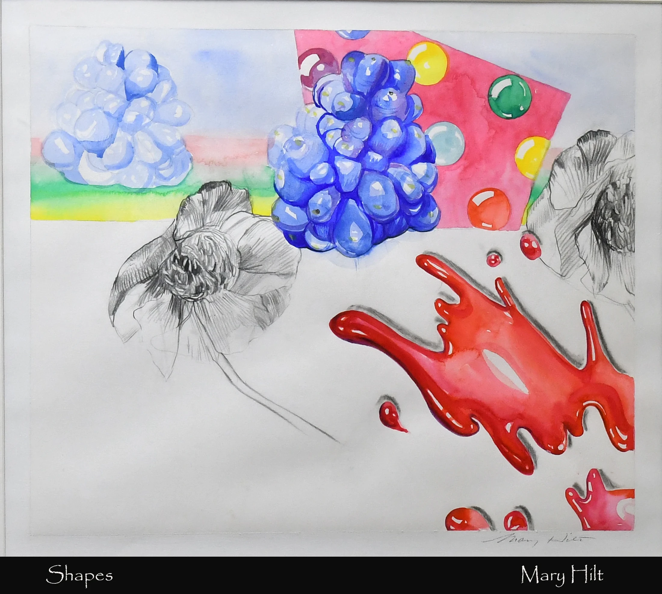A mixed-media art piece combining pencil drawings of flowers with watercolor paintings of blue blobs, colorful bubbles, and a large red splash of paint.