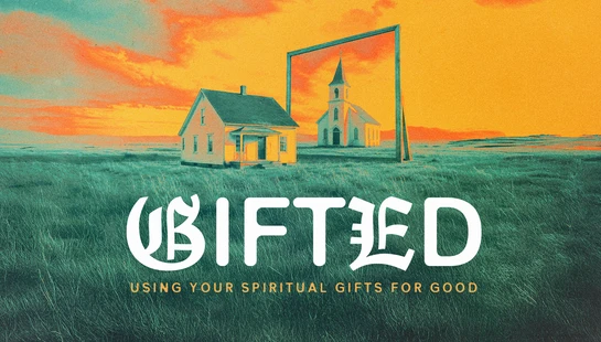 A surreal image of a house and a church in a grassy field at sunset, with a large frame around the church. The word 'Gifted' is in the foreground.