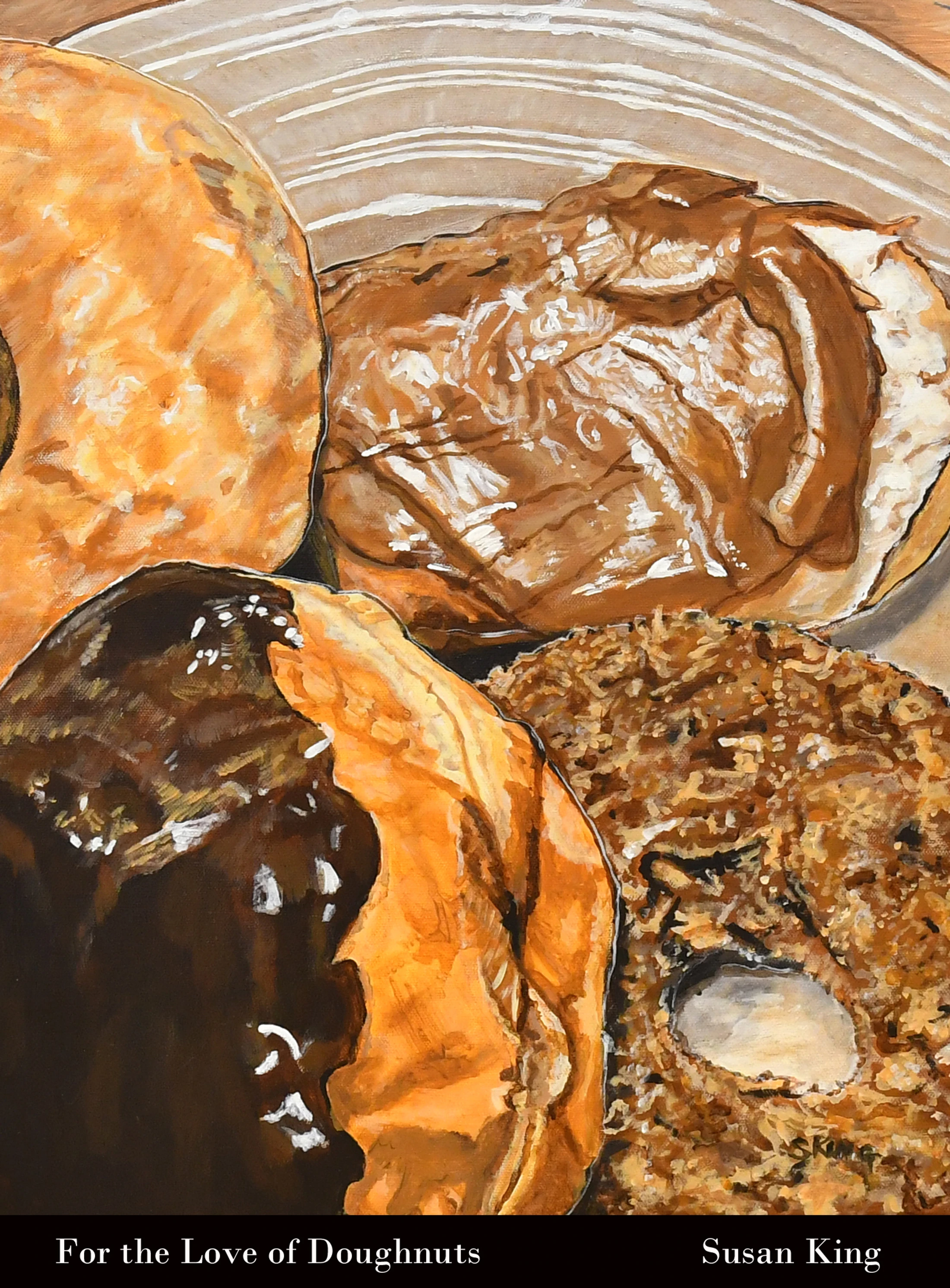 A close-up, colorful painting of four different doughnuts, including glazed, chocolate frosted, and toasted coconut, arranged on a plate.
