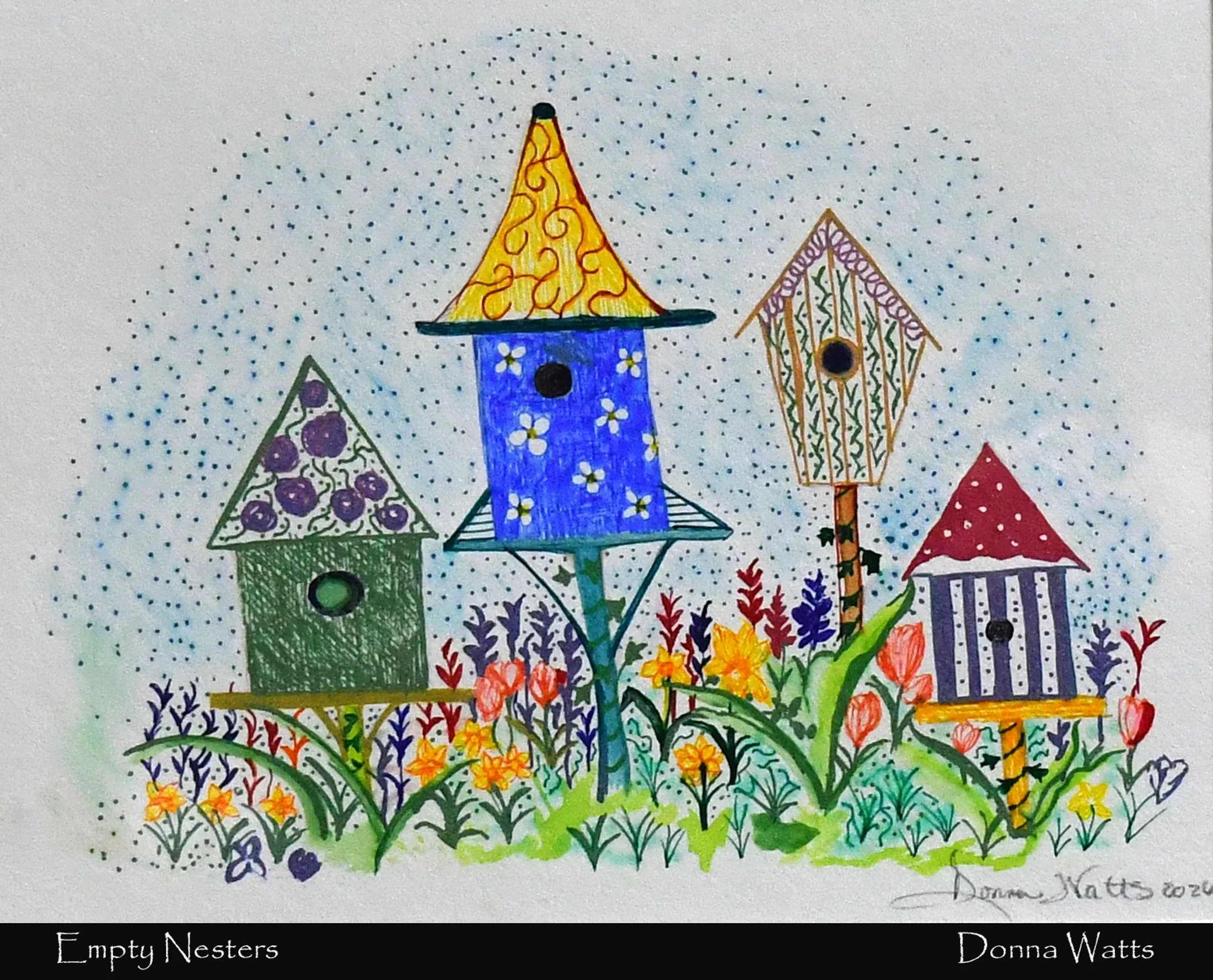 A colorful folk art drawing of four decorated birdhouses in a garden of spring flowers. The sky is filled with tiny blue dots.