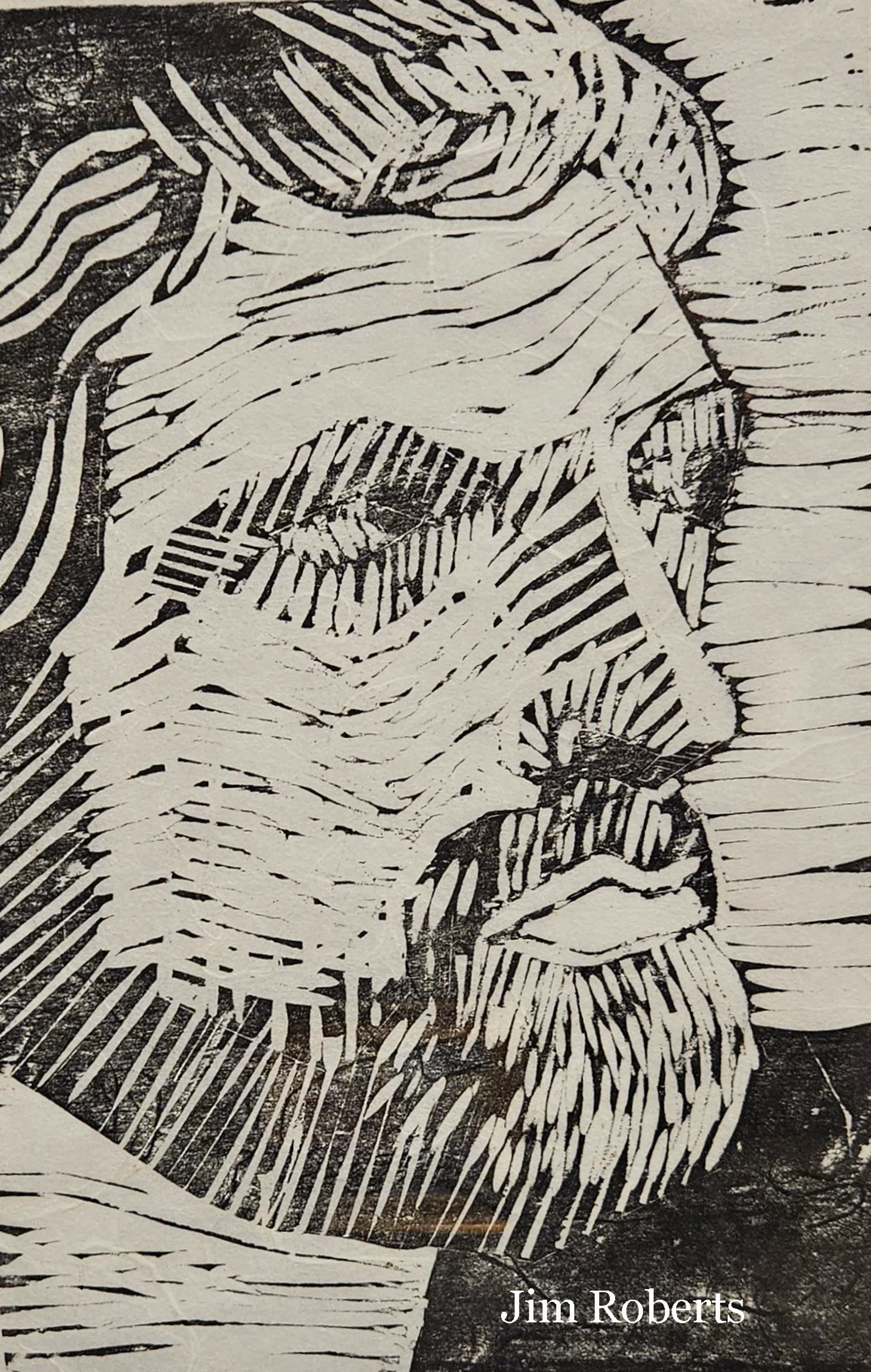 A black and white woodcut print showing the face of a bearded man in profile. The artwork is composed of bold, expressive carved lines.
