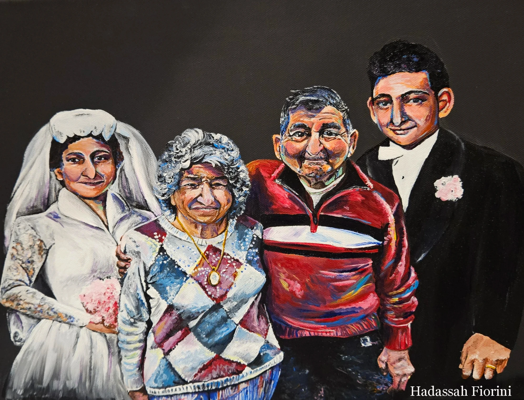 A colorful painting depicting a couple at two stages of life. Younger versions in wedding attire flank their older selves standing together in the center.