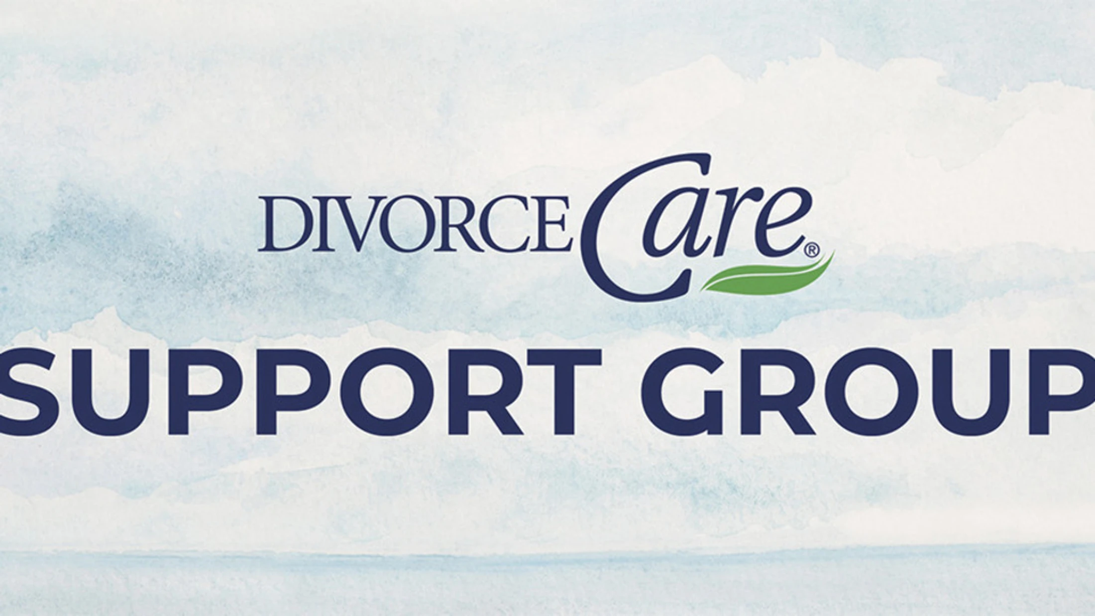The logo for DivorceCare Support Group in dark blue text against a light blue watercolor background. The word 'Care' has a green leaf under it.