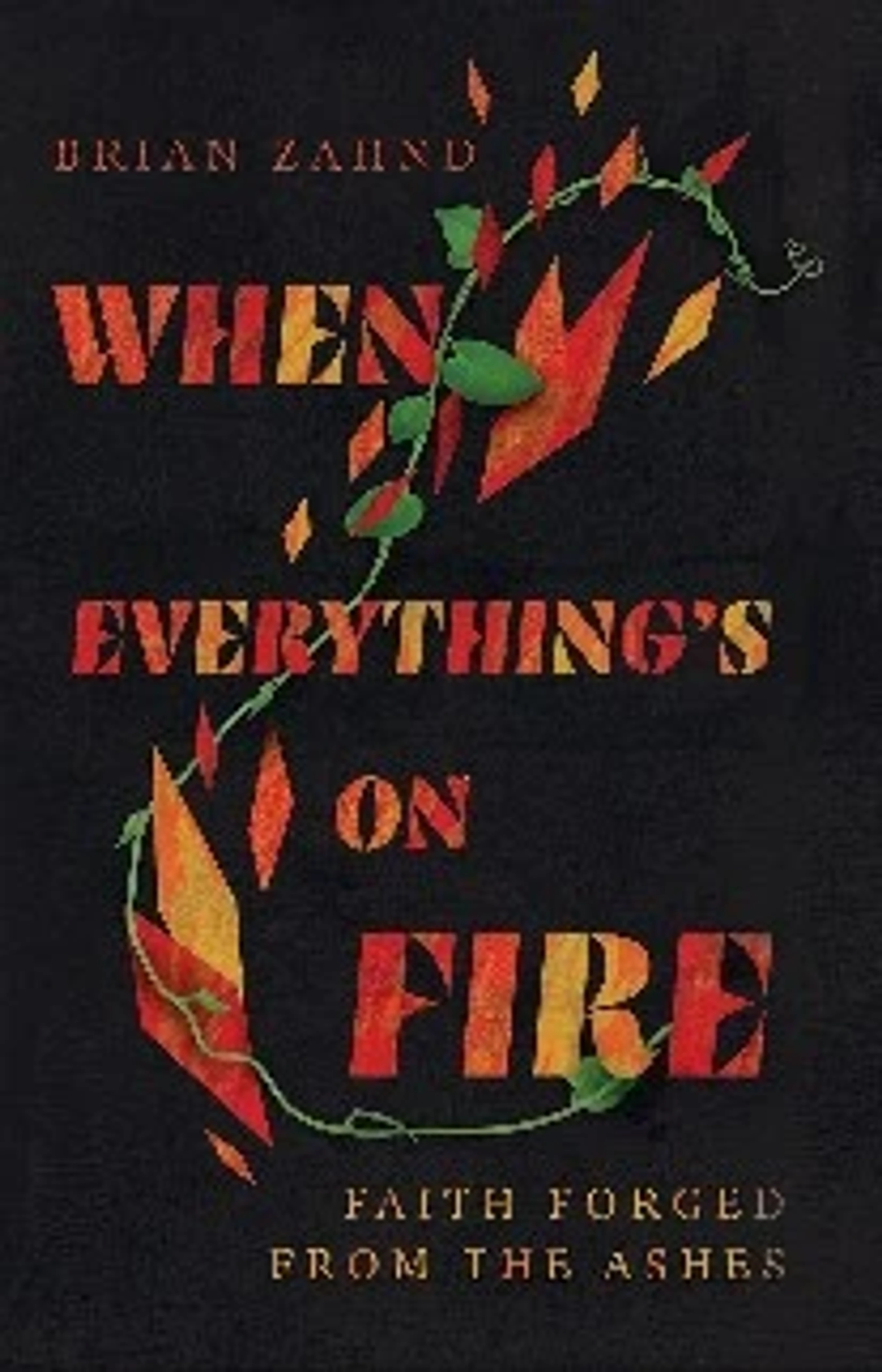 The book cover for 'When Everything's on Fire'. The title is in a fiery, fragmented font, with a green vine growing around it against a dark background.