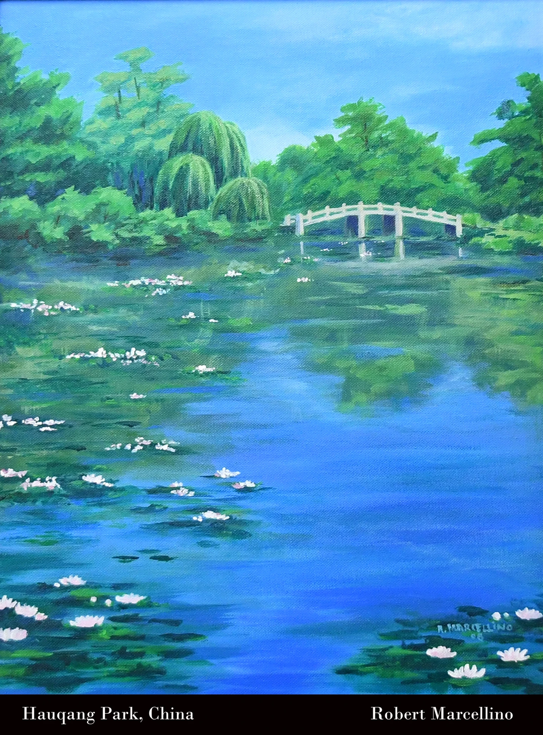 A colorful painting of a tranquil park scene in China, featuring a blue pond with white water lilies, lush green trees, and a white bridge in the background.