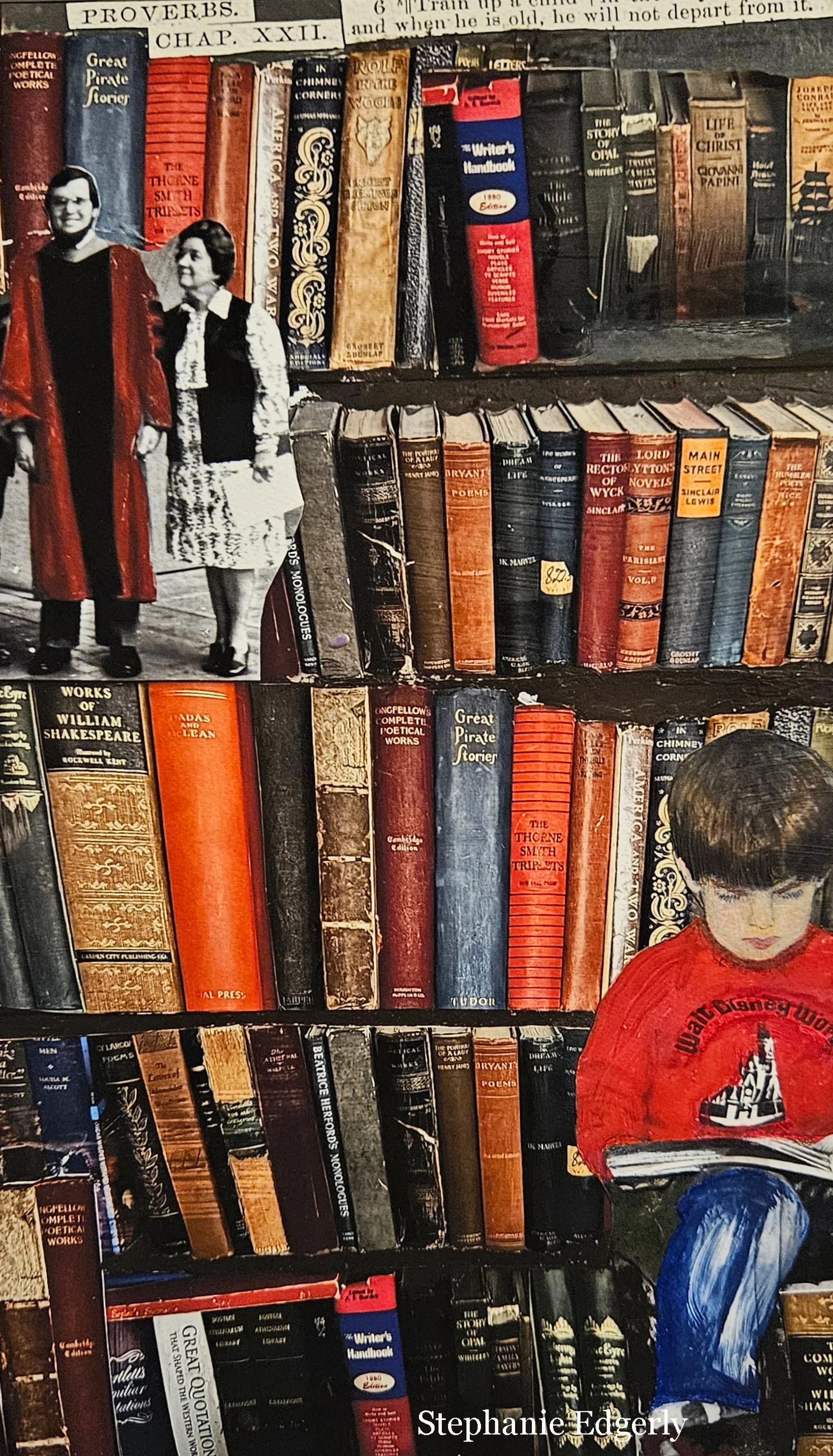 A mixed-media collage featuring shelves of old books, with cutouts of a couple in formal wear and a young boy in a red sweatshirt reading a book.