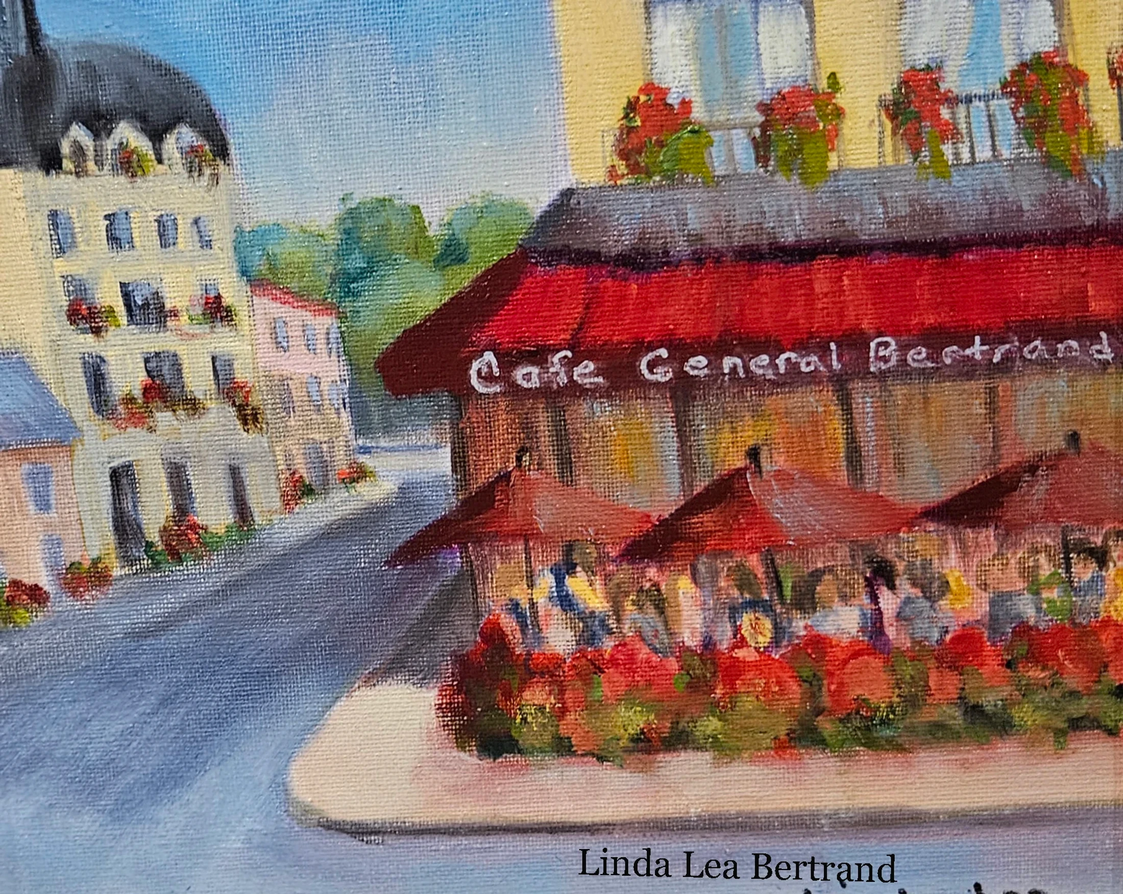 An impressionistic painting of a sunny Parisian street corner. A cafe named 'Cafe General Bertrand' has a red awning and outdoor seating under umbrellas.