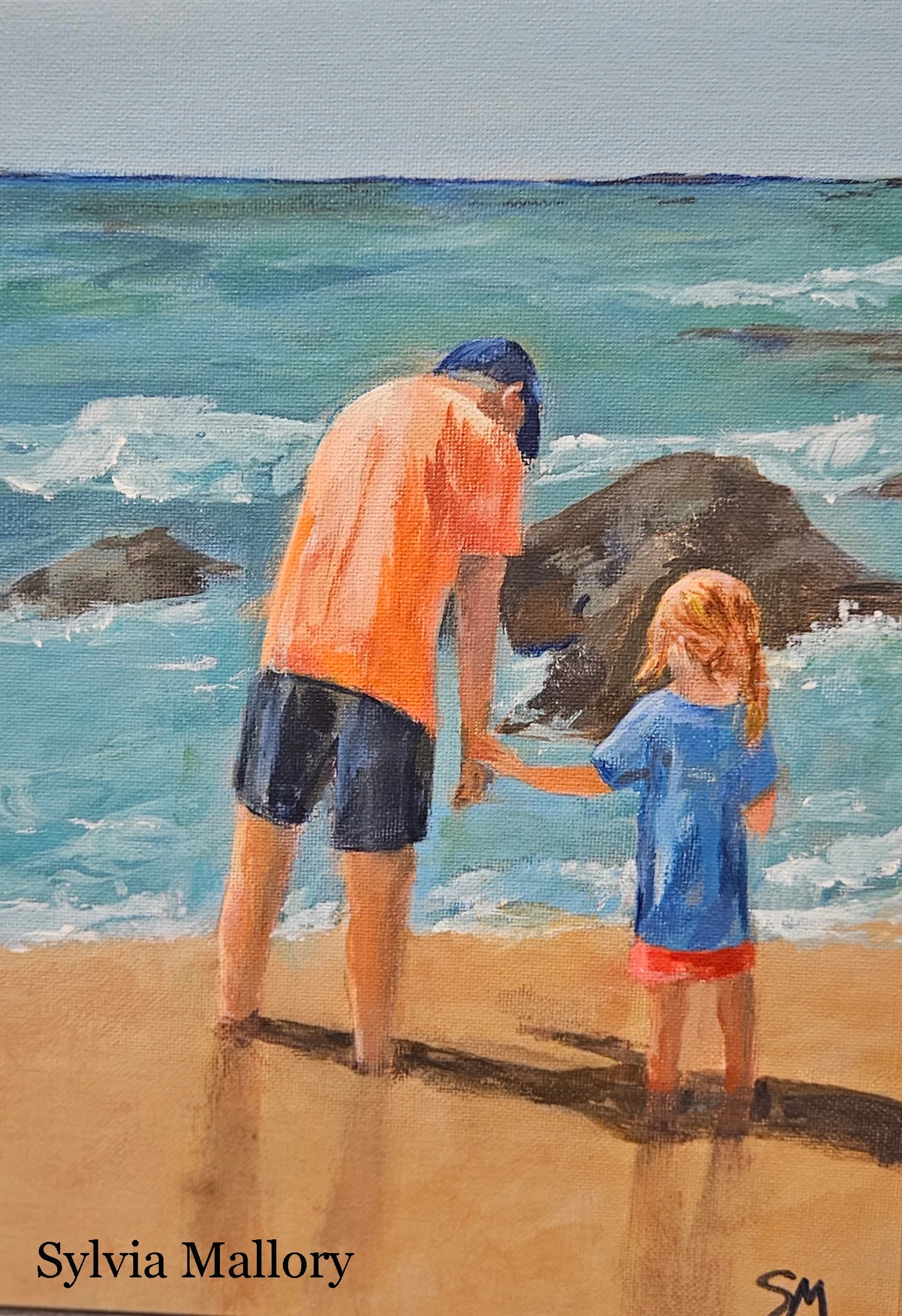 An impressionistic painting of a father and his young daughter holding hands. They stand on the sand, looking out at the turquoise ocean with gentle waves.