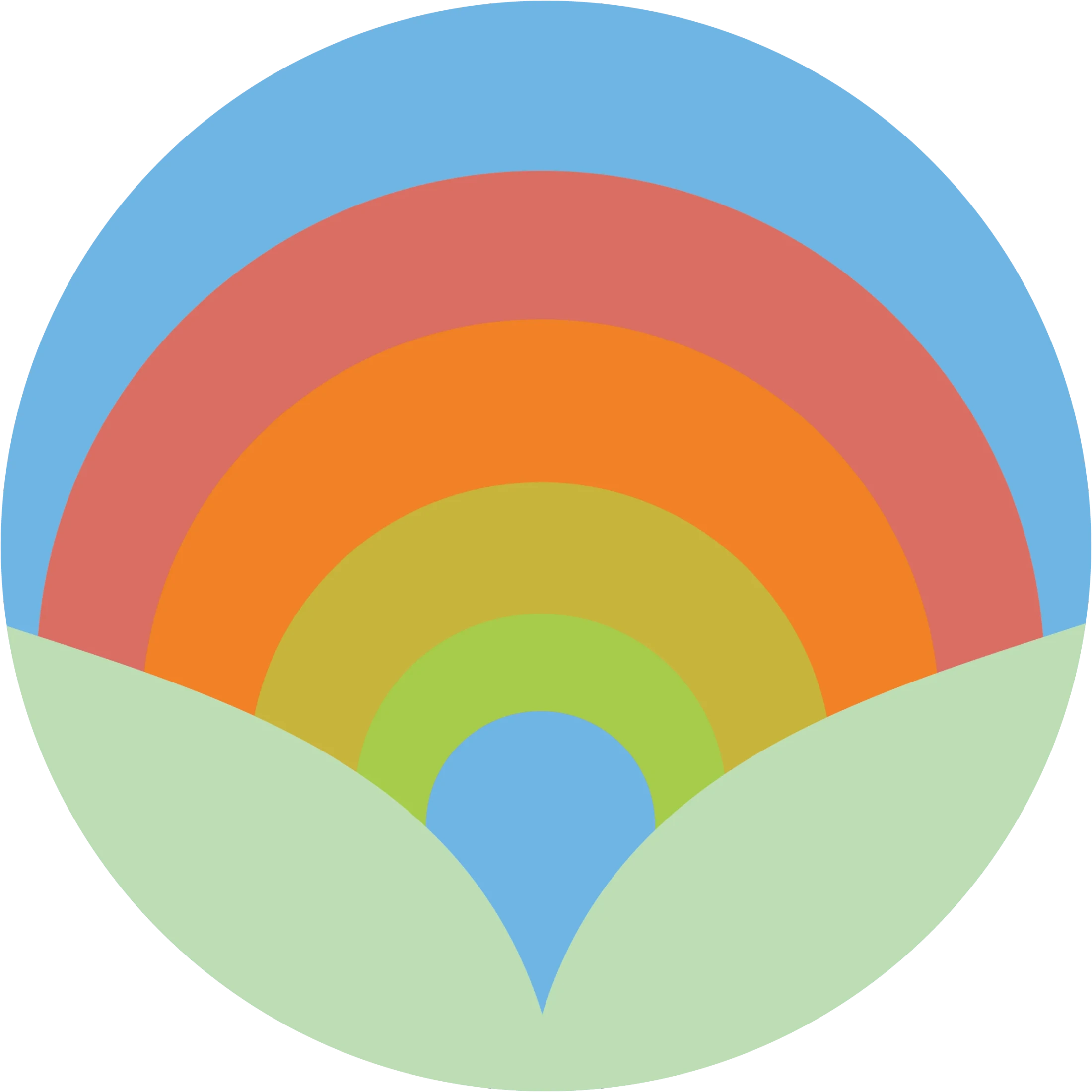 A circular abstract graphic showing a muted-color rainbow rising from a pair of light green leaves against a black background.
