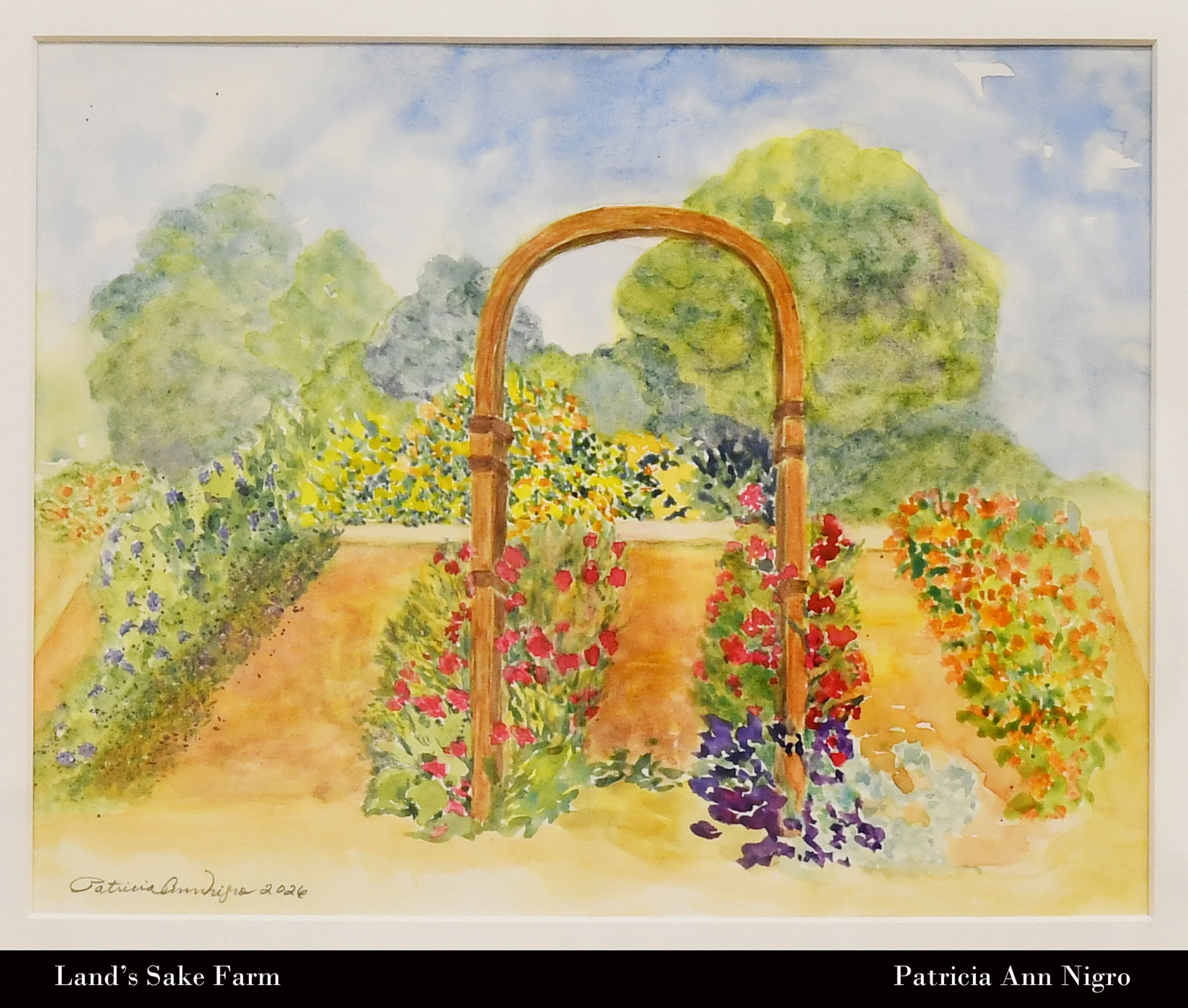 A watercolor painting of a garden with a wooden arch in the center. Dirt paths are lined with colorful flowers in red, purple, yellow, and orange.