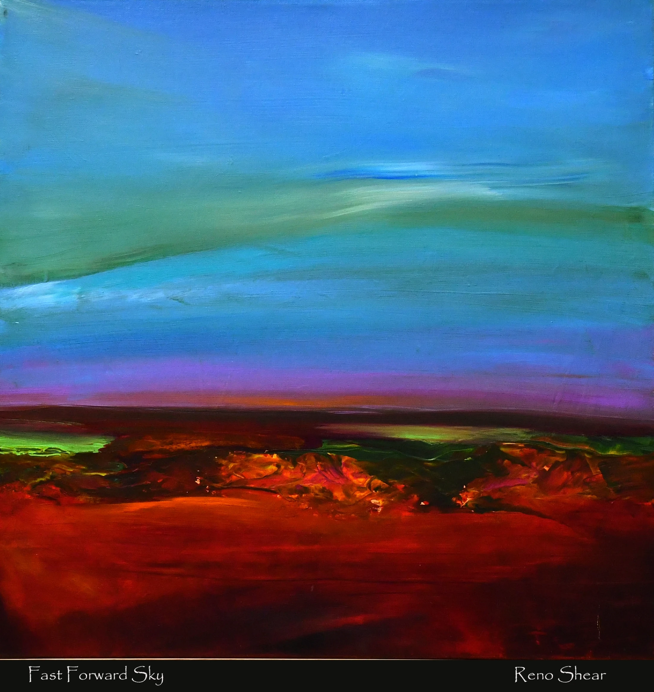 An abstract landscape painting with a vibrant, textured foreground in fiery reds and oranges below a blended sky of blue, turquoise, and purple.