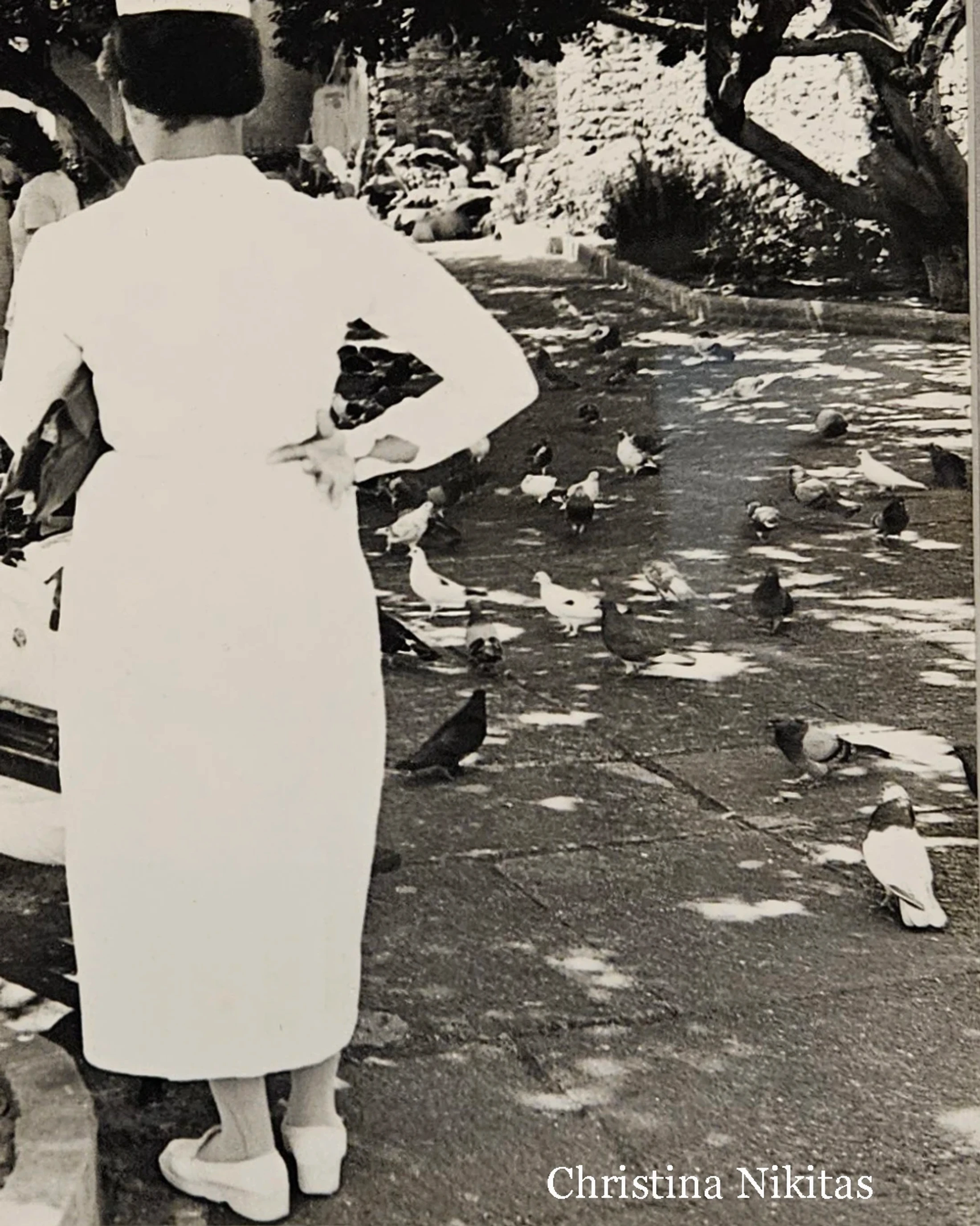 A vintage black and white photo of a nurse from behind, with hands on hips, standing on a paved area surrounded by a flock of pigeons under a tree.