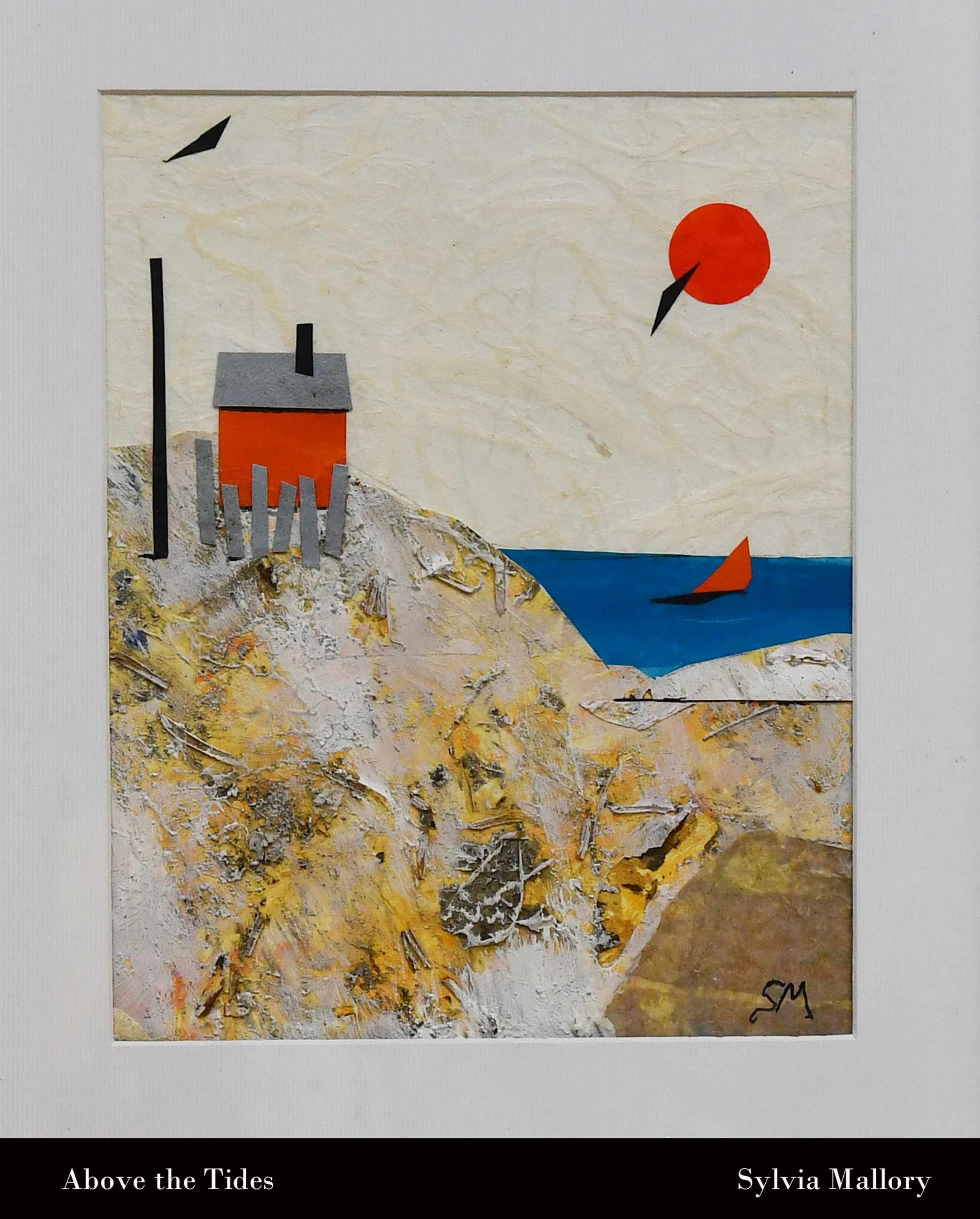 A mixed-media collage depicting a coastal scene. A small orange house sits on a textured cliff above blue water with a sailboat. A red sun hangs in the sky.