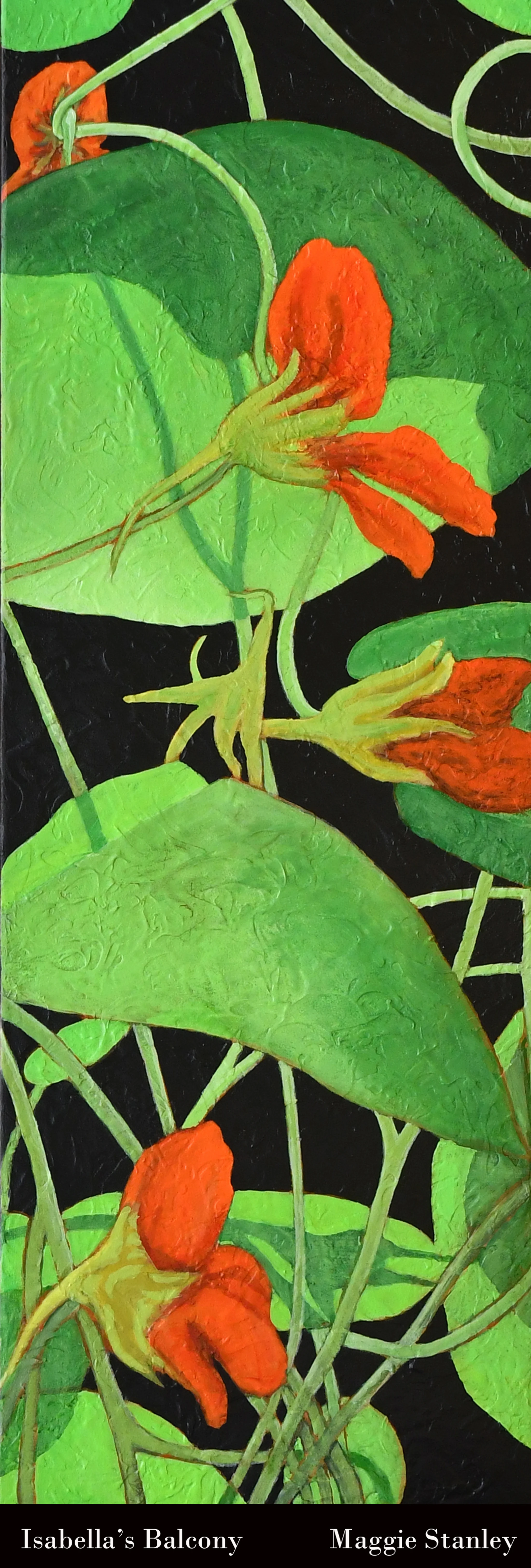 A vertical painting of vibrant orange nasturtium flowers and round green leaves tangled together against a stark, textured black background.