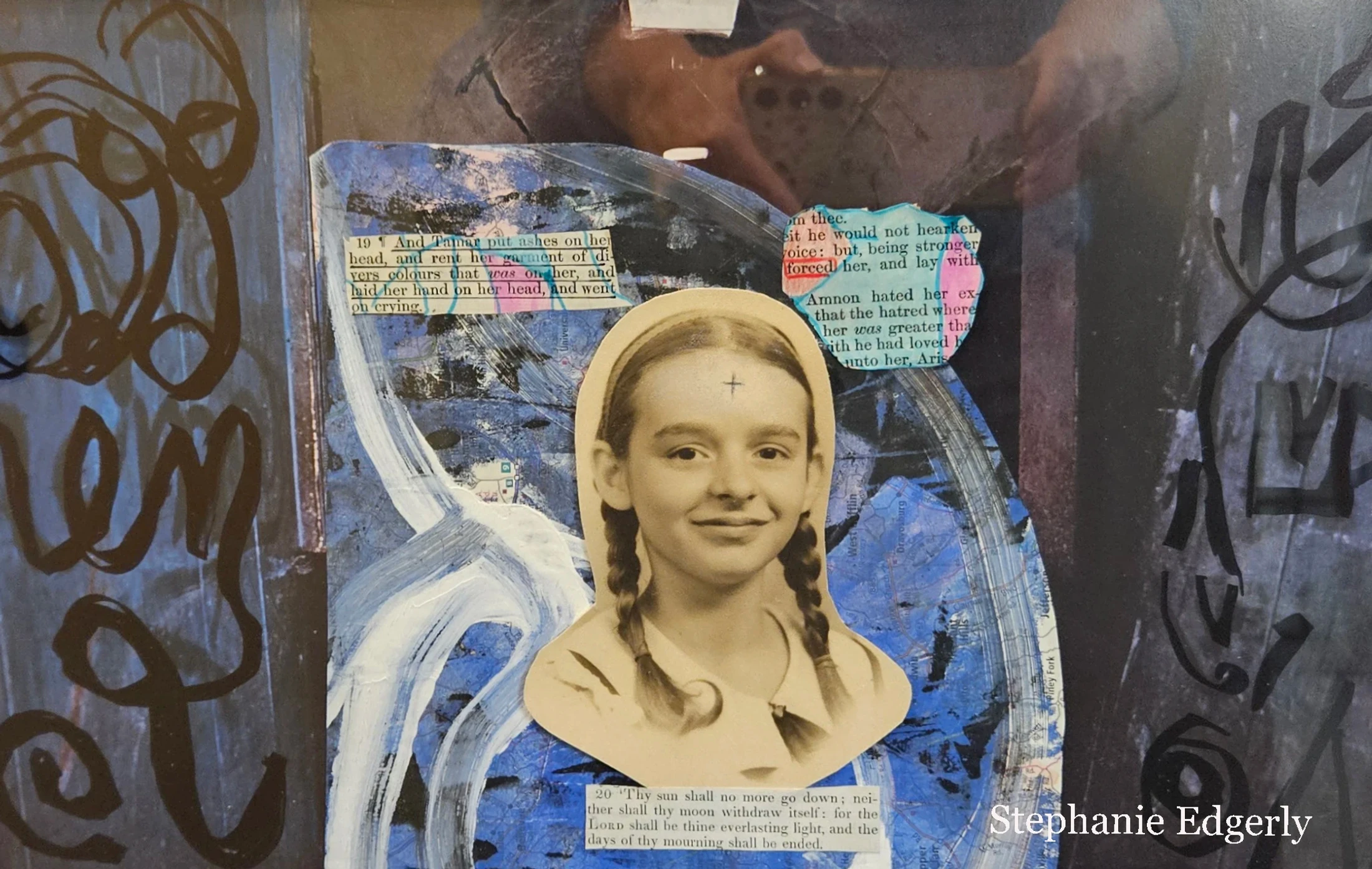 A mixed media collage with a vintage photo of a young girl with pigtails and a cross on her forehead, layered on an abstract blue background with text snippets.