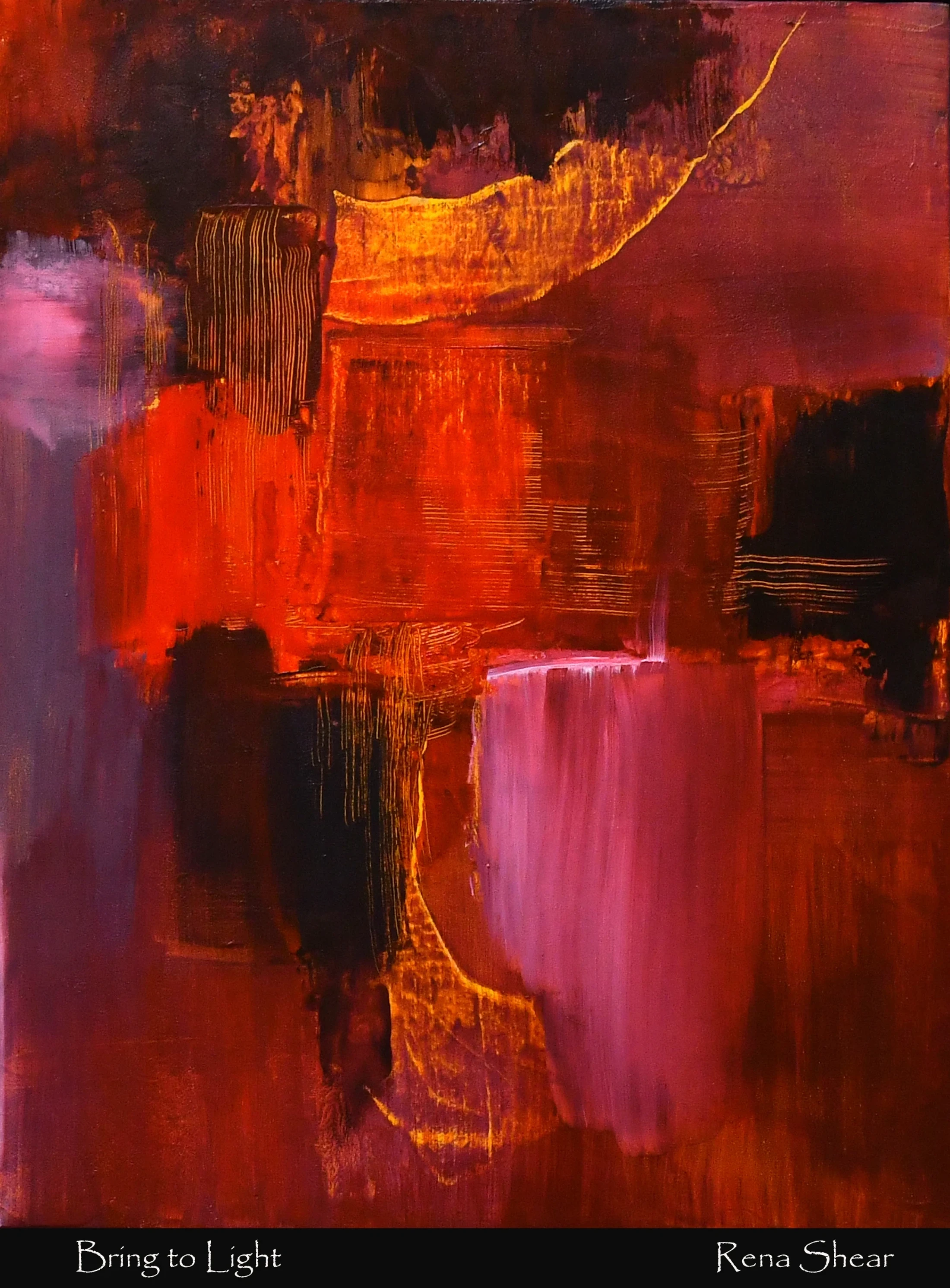 A textured abstract painting with a warm, fiery palette. Broad strokes of red, orange, and gold contrast with deep shadows and patches of vibrant pink.