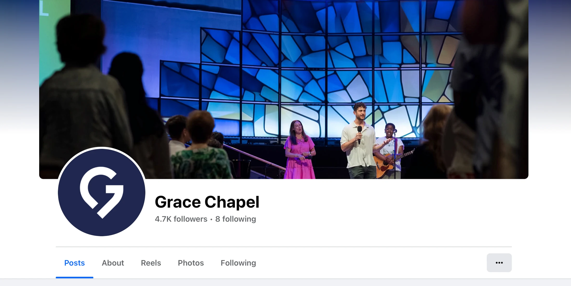 A screenshot of the Grace Chapel Facebook page. The cover photo shows a worship service on stage in front of a blue, stained-glass style backdrop.