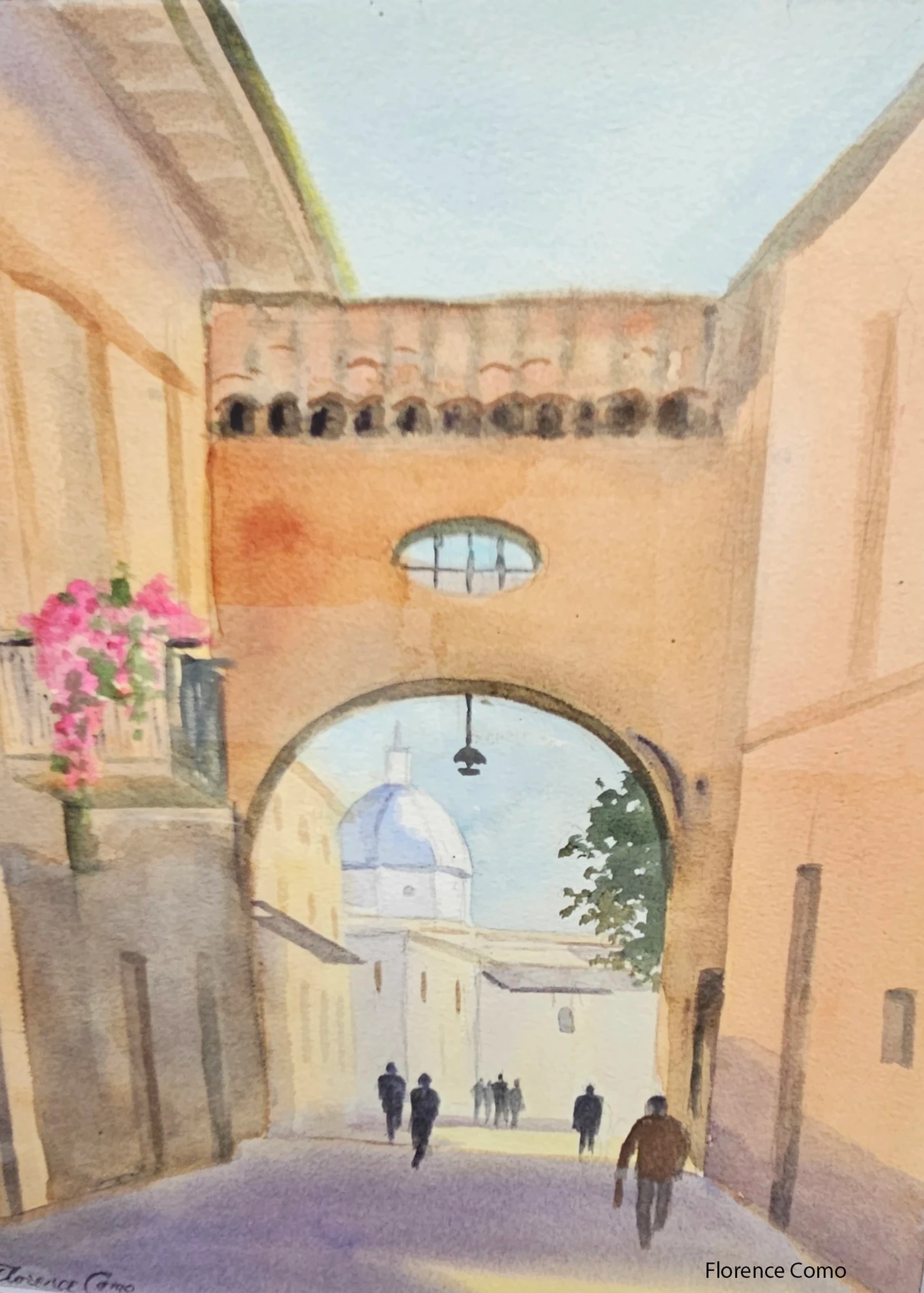 A watercolor painting shows a view down a narrow street, through an archway. In the distance, people walk toward a sunlit building with a blue dome.