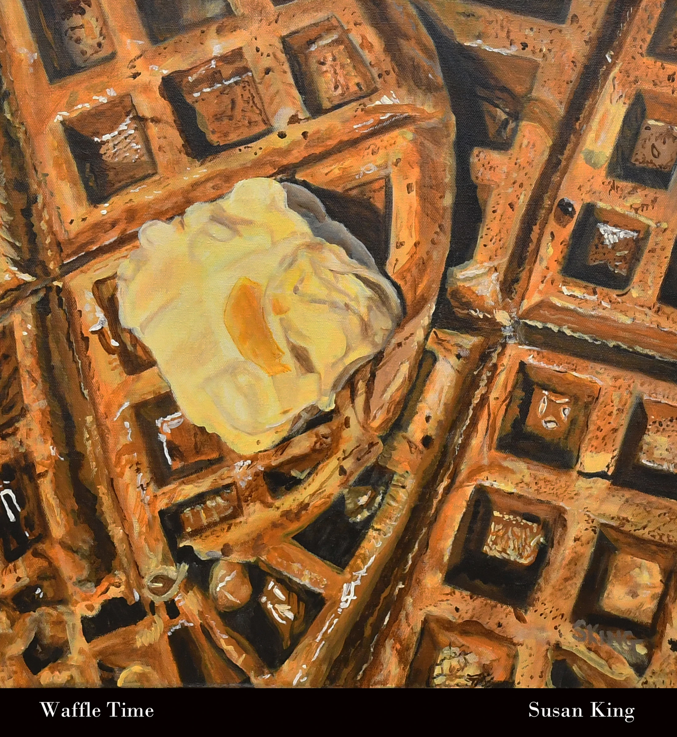 A detailed, close-up painting of golden-brown waffles. A large pat of yellow butter melts into the waffle's square pockets.