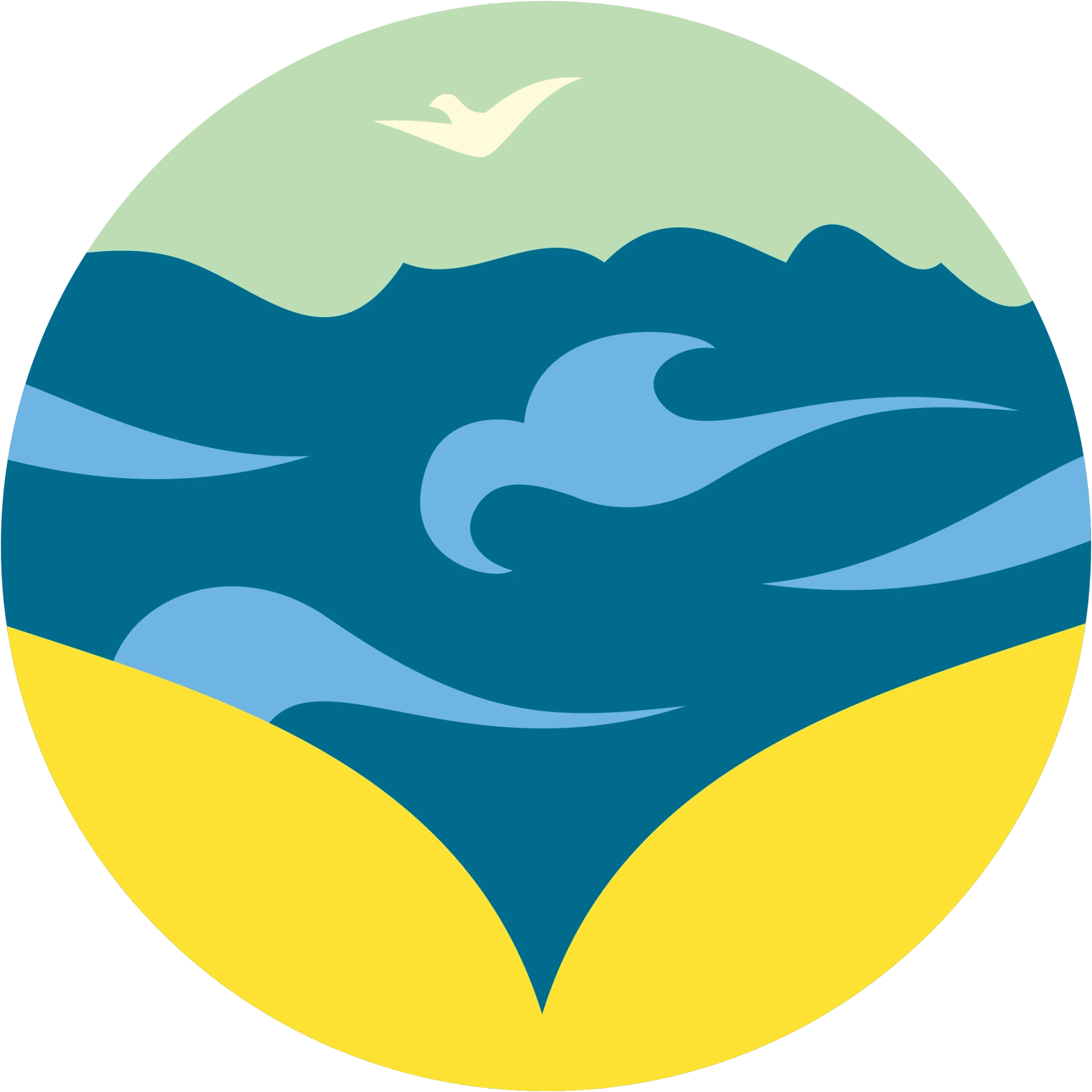 A minimalist, circular illustration of a beach scene. It features yellow sand in the foreground, blue and light blue ocean waves, and a green sky with a bird.