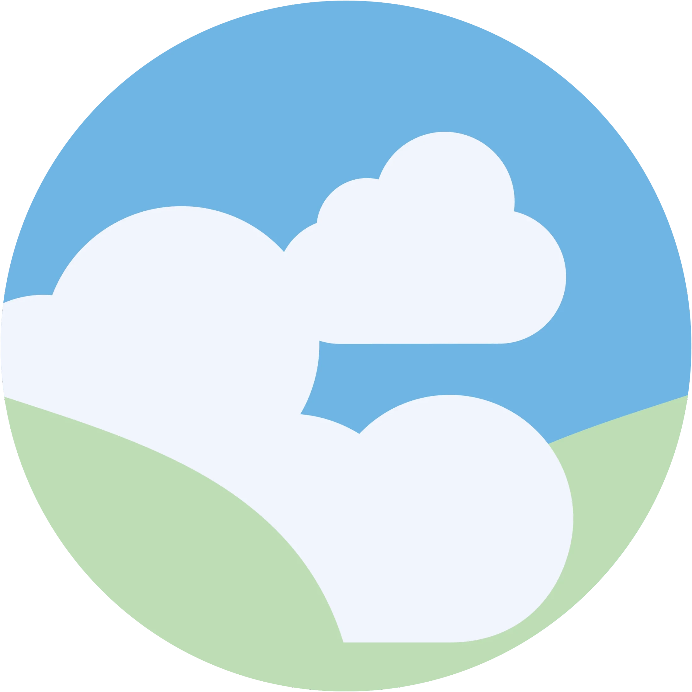 A minimalist circular graphic showing light green rolling hills under a light blue sky with two large, white, puffy clouds.
