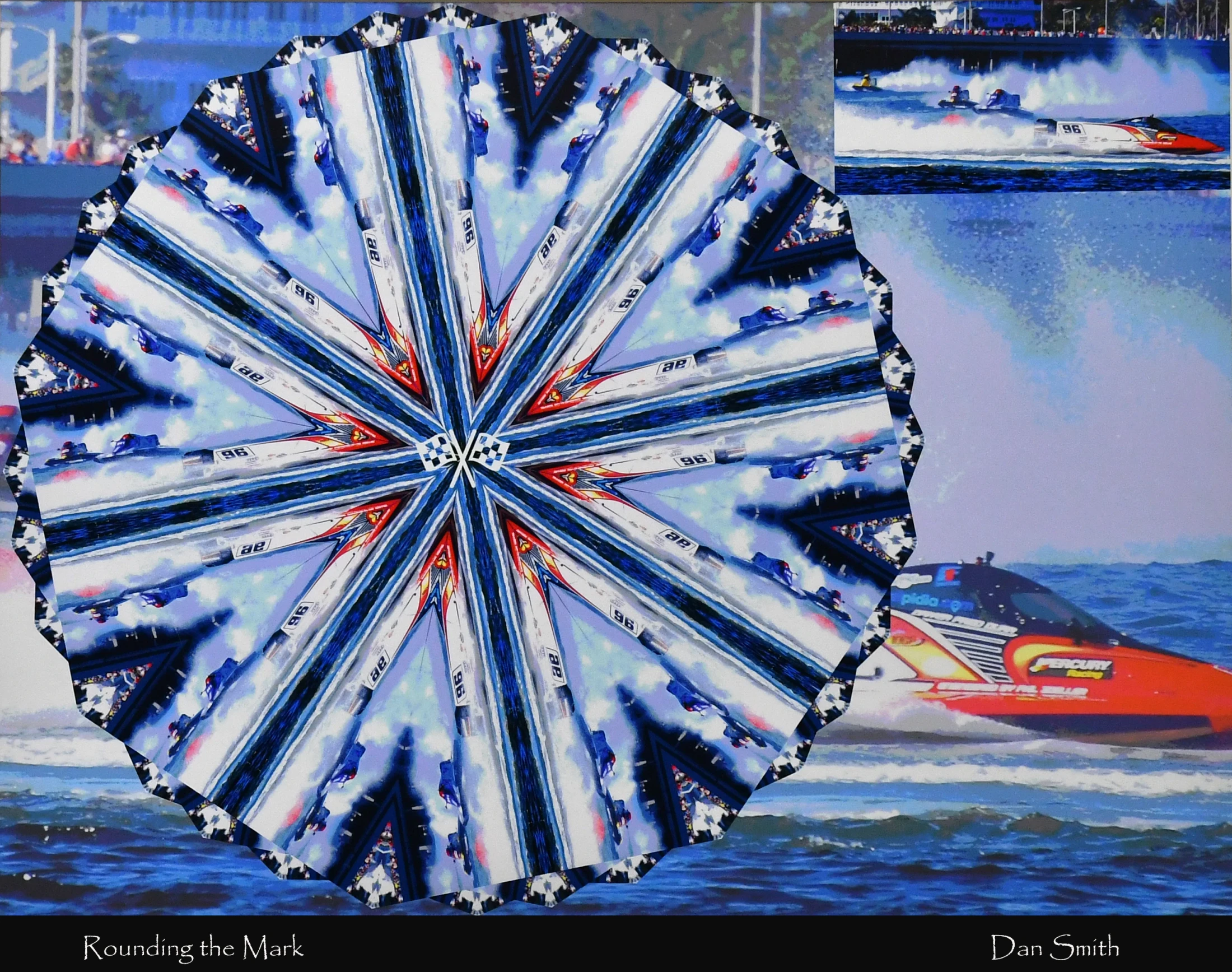 A digital art collage of a powerboat race. A large kaleidoscope pattern made from a racing boat is superimposed over images of boats racing on the water.