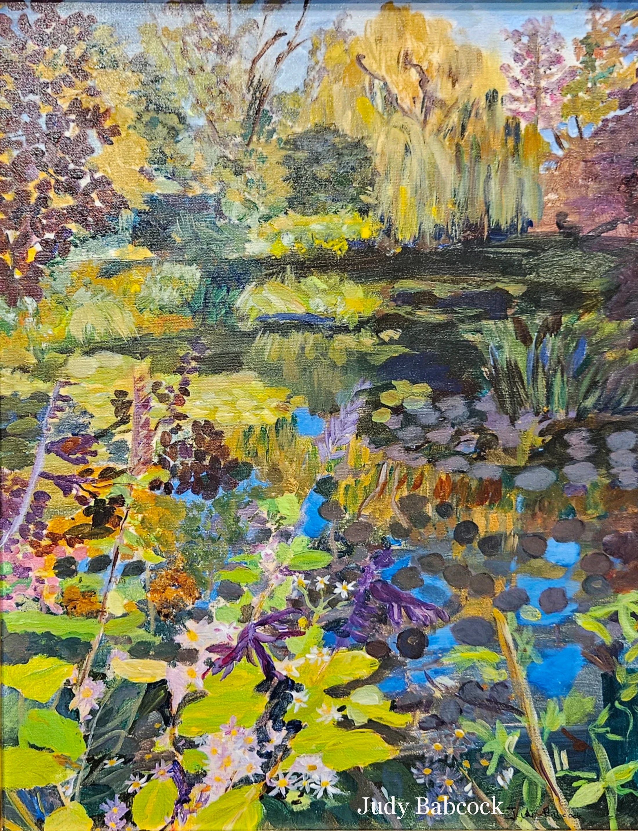 An impressionistic painting of a vibrant pond surrounded by colorful flowers and golden autumn trees, with their reflections shimmering on the water's surface.