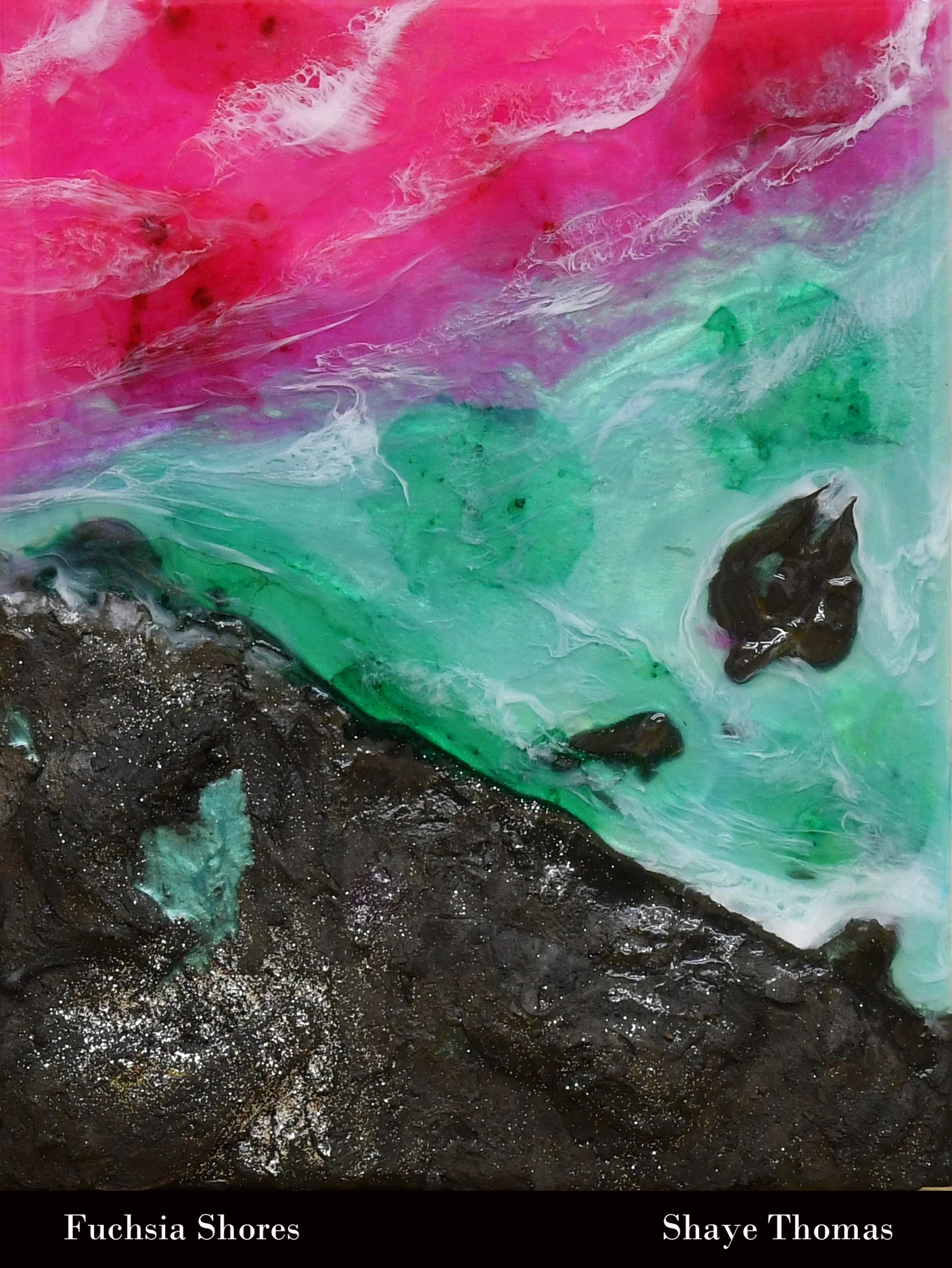 An abstract painting of a seascape with a vibrant fuchsia sky over a turquoise sea. A dark, textured, and glittering shoreline is in the foreground.