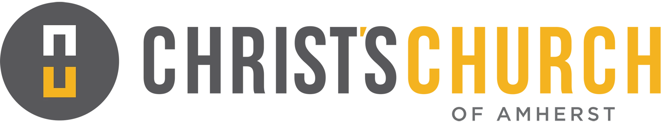The logo for Christ's Church of Amherst, featuring a gray circular icon and the name of the church in gray and yellow text.